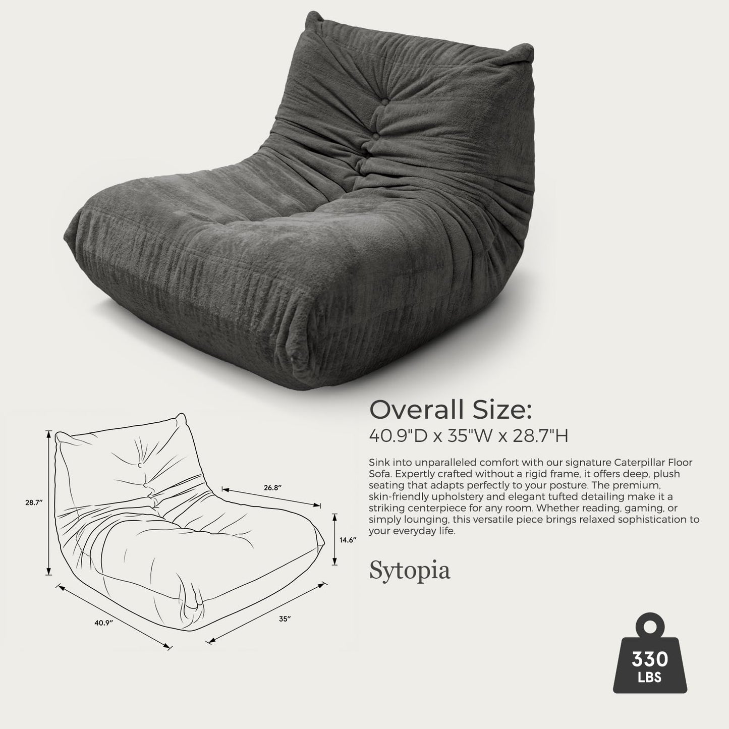 Sytopia Premium Chenille Bean Bag Chair for Adults, Oversized 35D Memory Foam Floor Sofa, Giant Deep Seat Gaming Reading Nook, No Assembly Required, Black Onyx