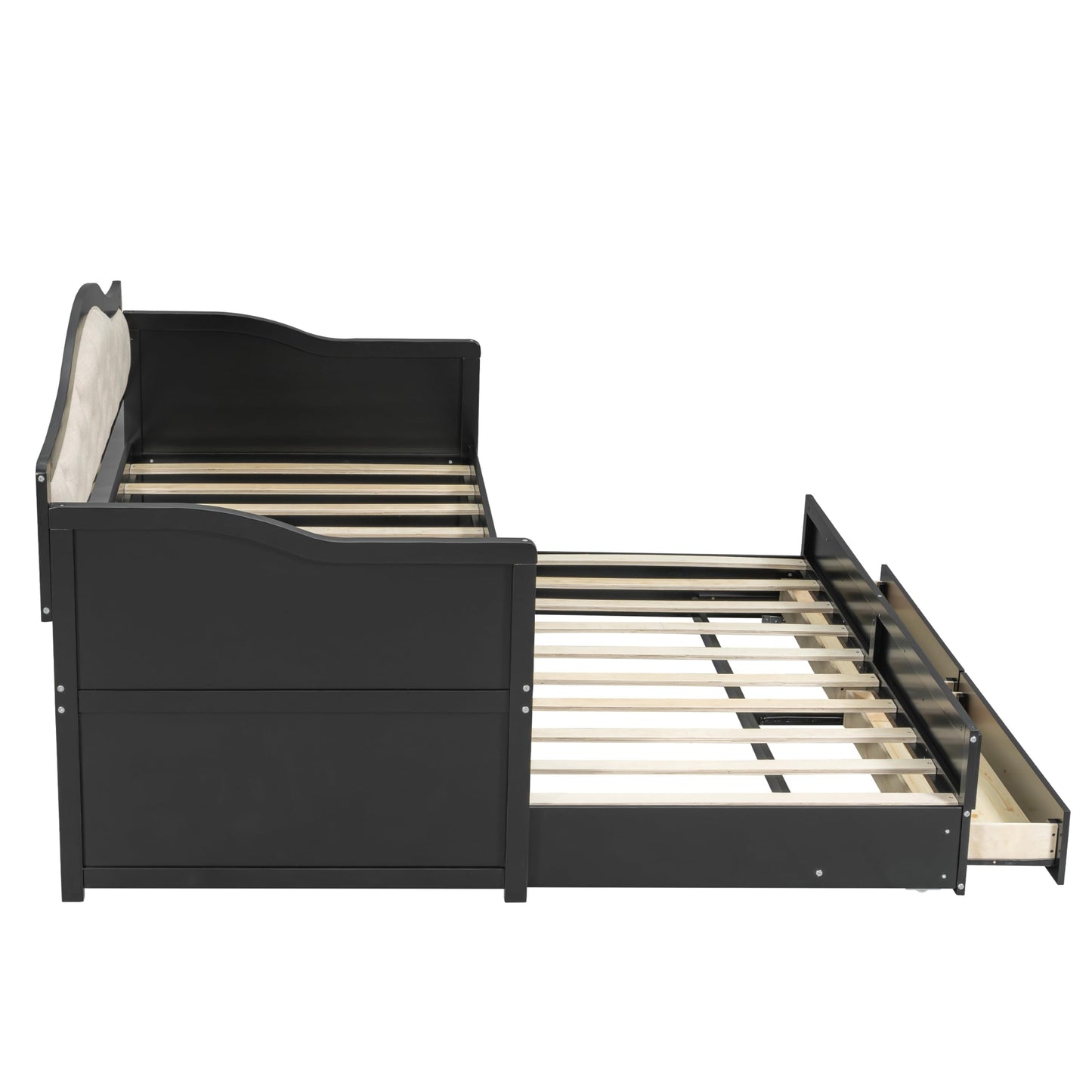 QVUUOU Space-Saving Twin Daybed with Trundle and 2 Drawers, Upholstered Sofa Bed with Button Tufted Back for Small Rooms Guest Room, Dorm (Beige)