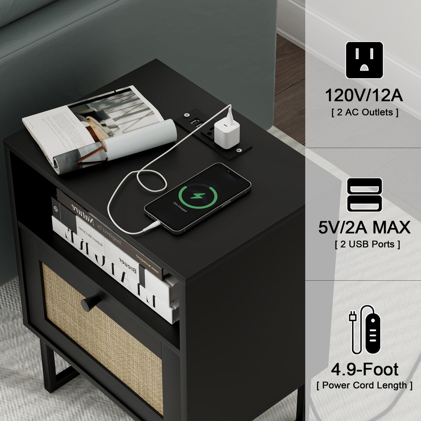 Masupu Rattan Nightstand with Charging Station,Modern Boho Farmhouse Wood Bedside Table with Storage Drawer and Open Shelf,Small Black Frame Side End Table for Bedroom,Living Room,Office (Black)