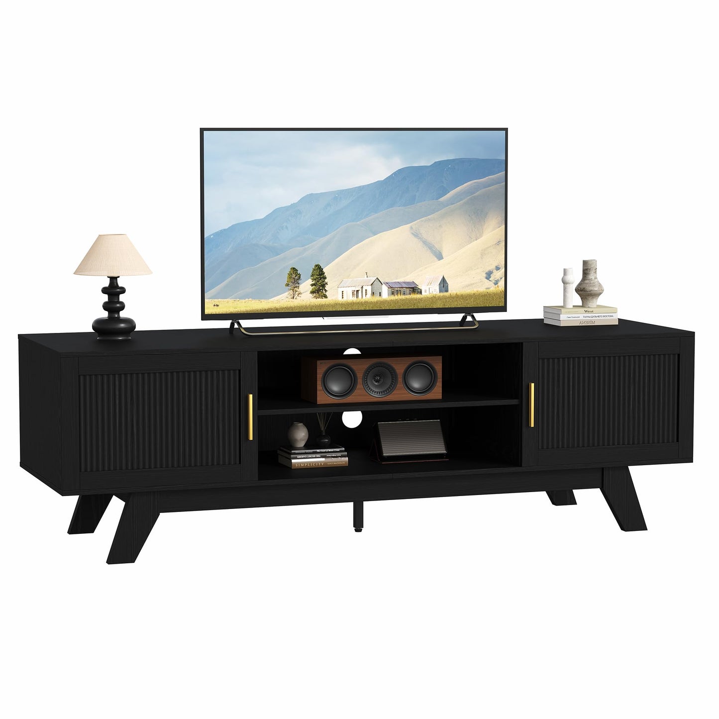 ChooChoo 59.5" Fluted TV Stands for 65 Inch TV, Mid Century Modern Entertainment Center with Storage and Adjustable Shelf, Long TV Console Media Table for Living Room, Bedroom, Black