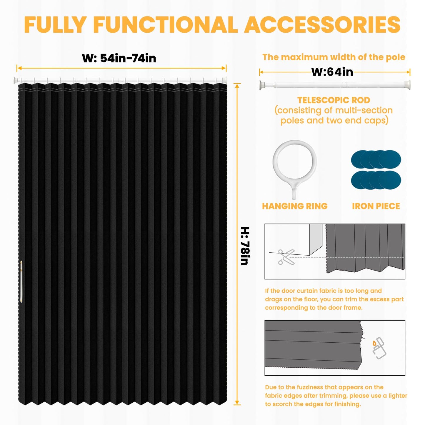 AJAZZ Blackout Sliding Door Curtains with Curtain Rods Included, Magnetic Door Curtain for Bedroom Living Room Doorway Curtain Sets (1 Pack, 72 W x 78 L, Black)