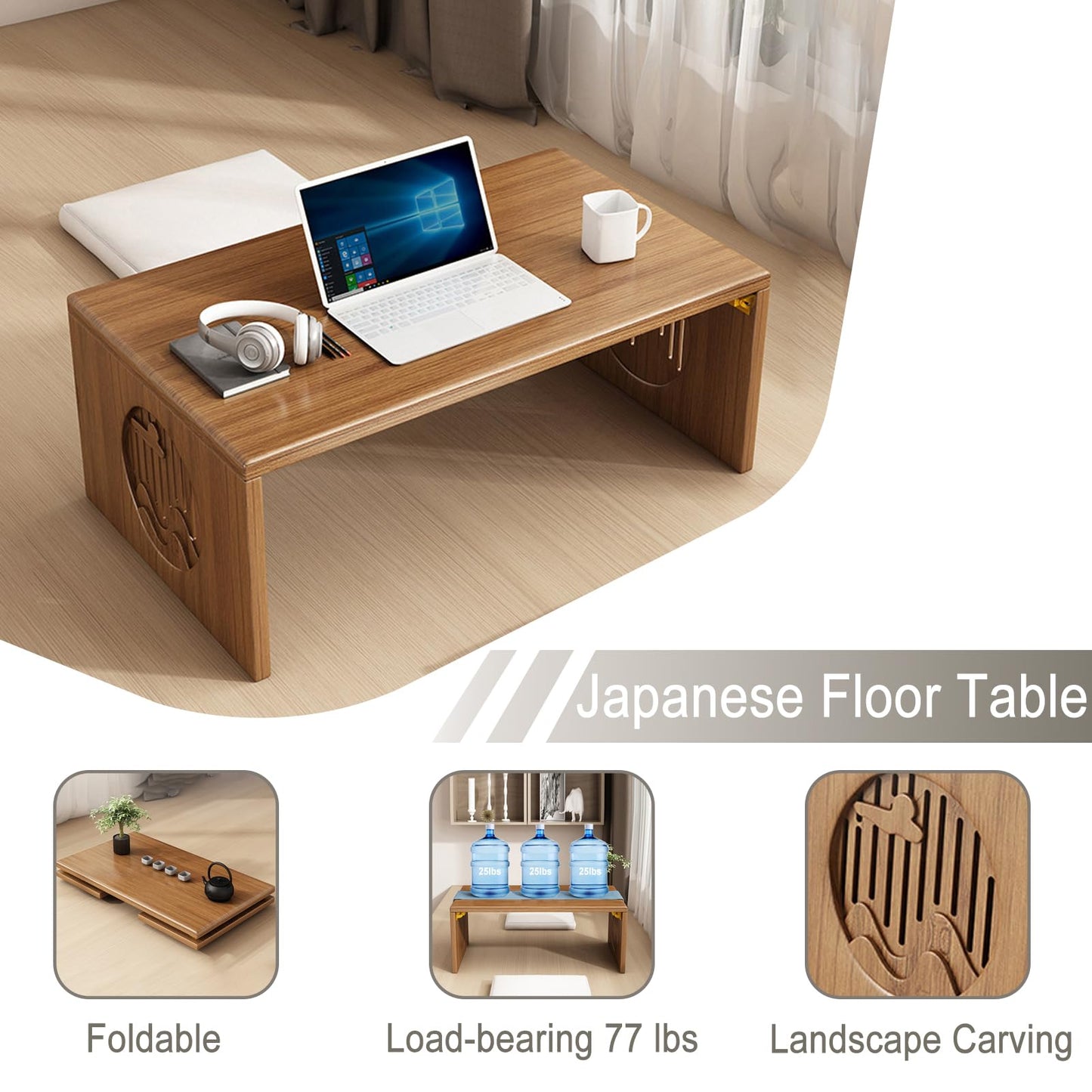 XIMSPHY Japanese Floor Table, Bamboo Folding Coffee Table for Sitting on The Floor, No Assembly Small Low Tables for Dinning Tea Room, Zen Living Room(Brown, 80CM)