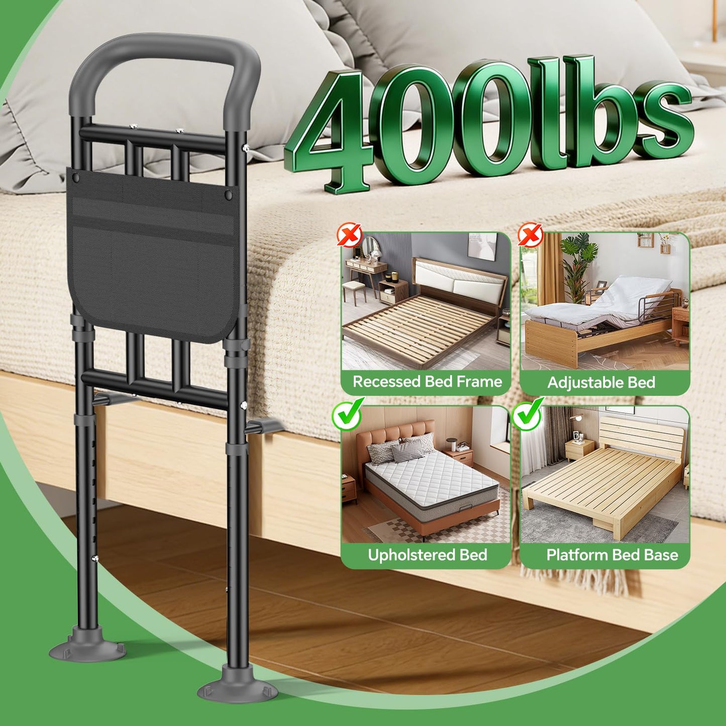 Bed Rails for Elderly Adults Safety with Ergonomic Padded Handle, ASTM Approved Adjustable Bed Assist Rail for Seniors, 400lb Weight Capacity, Fixing Strap&Storage Pocket, Fits Twin/Full/Queen/King
