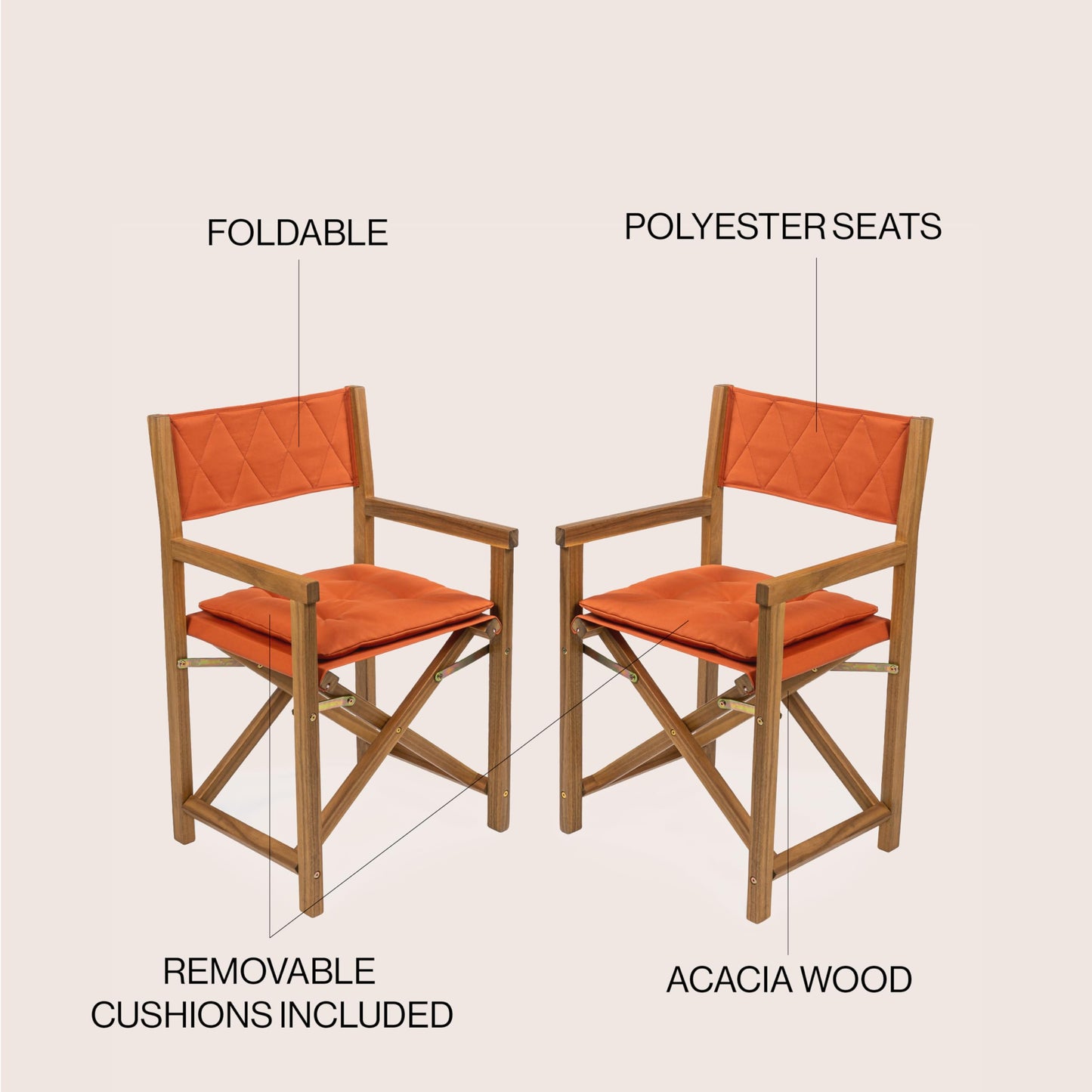 JONATHAN Y Waldo Acacia Wood Outdoor Director Chair Set of 2 for Patio & Balcony, Foldable Coastal Armchair with Orange Diamond-Quilted Cushions, Teak Brown DRC1002B-SET2