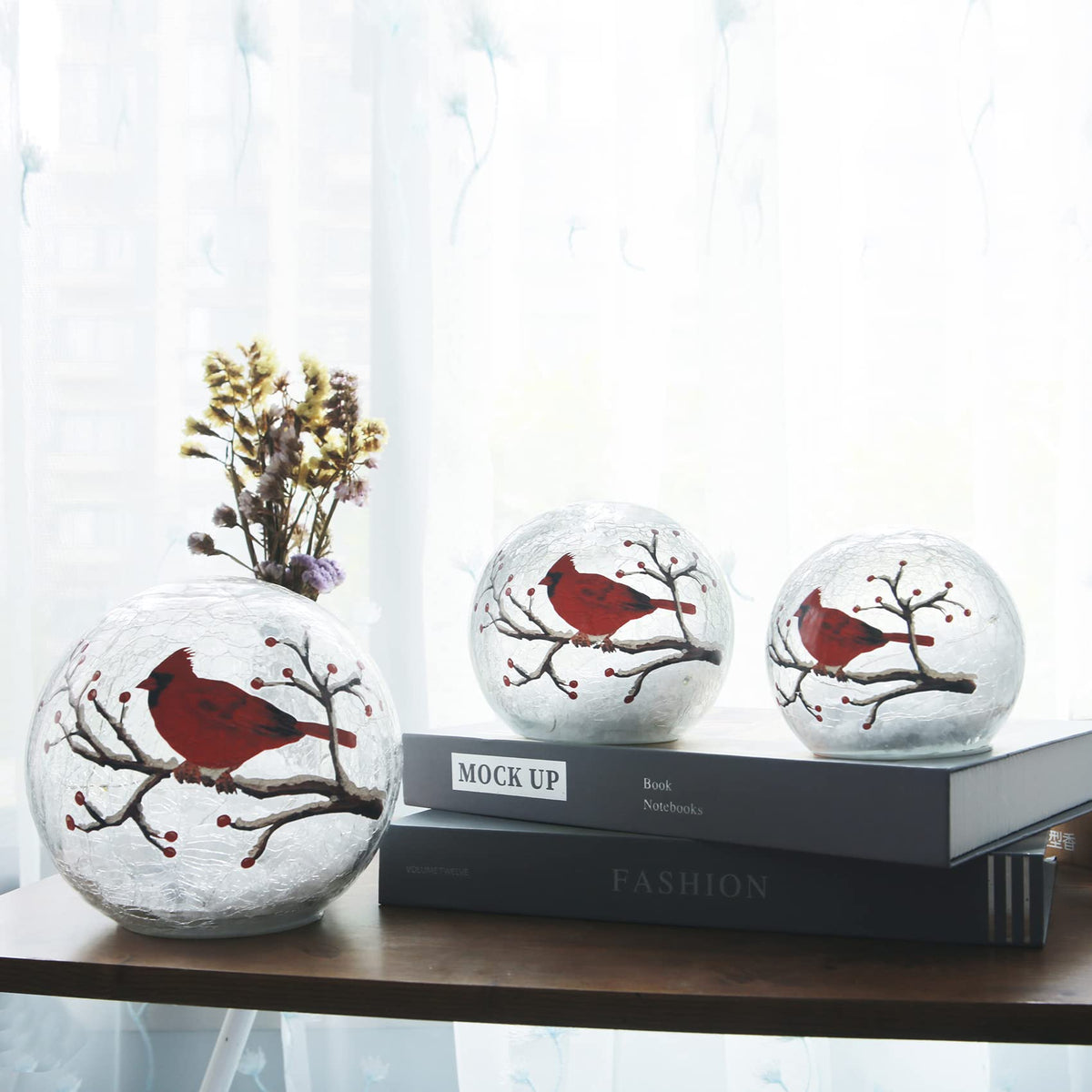 Kaowod Crackle Glass Cardinal Lamp with Timer, Battery Operated Large Red Cardinal Stained Glass Christmas Decor Accent Ball Lamp, Lighted Up Red Bird Globe Table Light, Led Sphere Desk Lamp