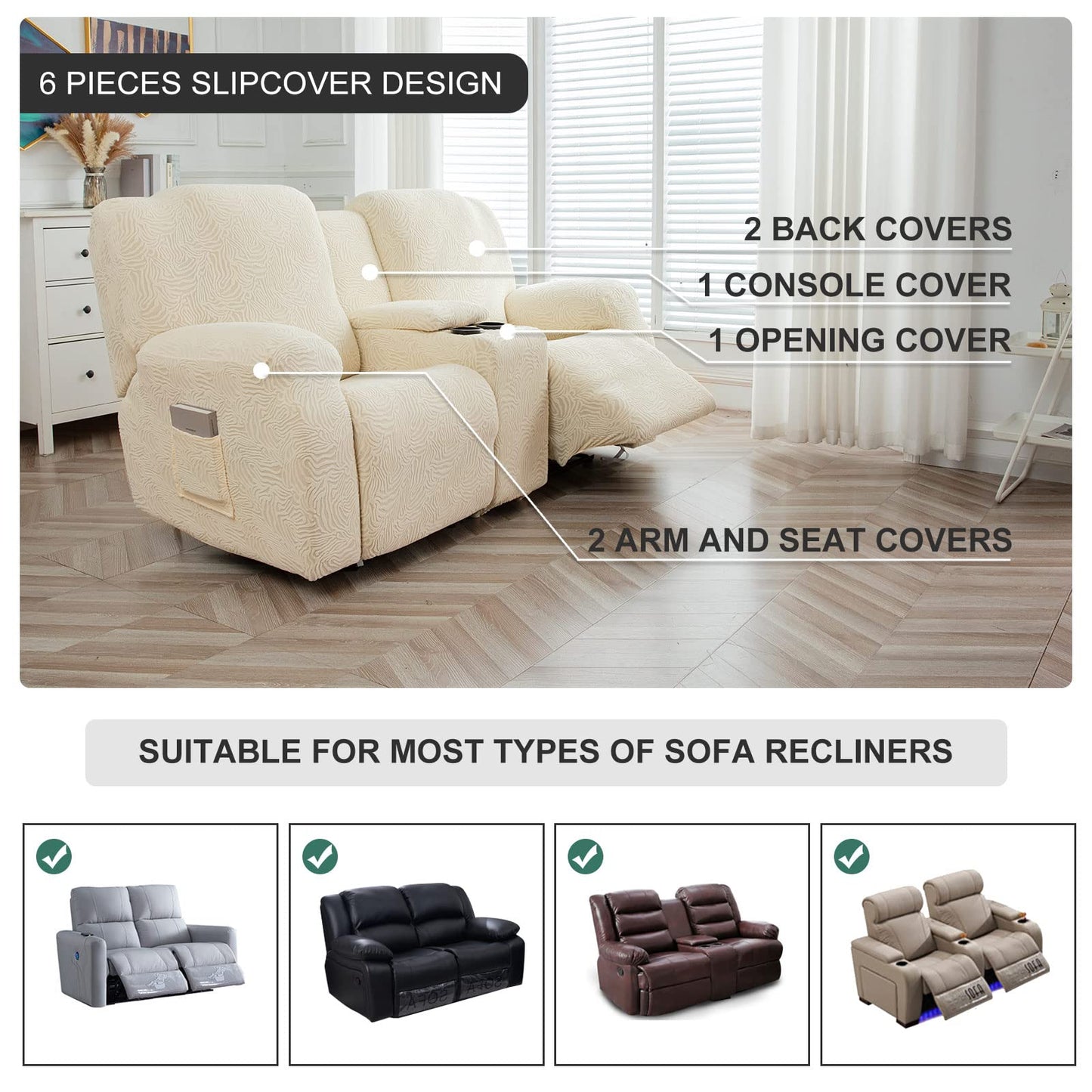 YUEANG Recliner Loveseat Cover with Center Console, 2 Seater Leopard Recliner Sofa Slipcover with Pockets Washable Stretch Reclining Couch Covers Furniture Protector with Elastic Straps (Beige)