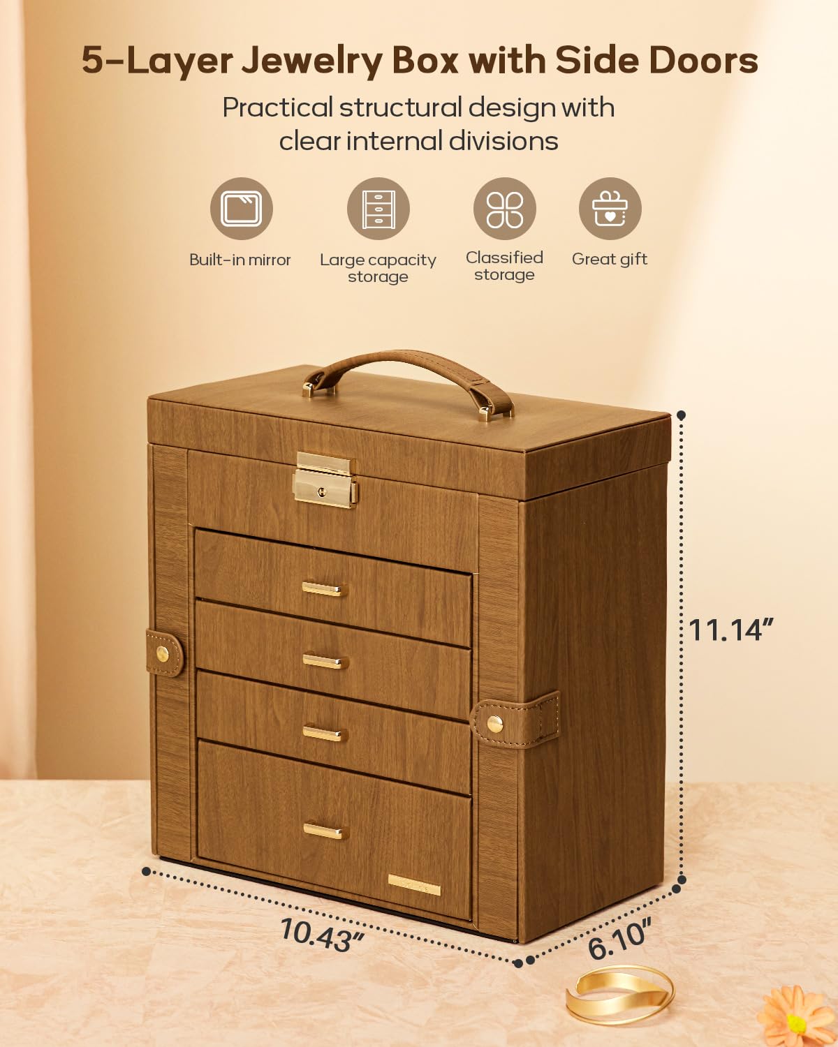 Homde Synthetic Leather Huge Jewelry Box Mirrored Watch Organizer Necklace Ring Earring Storage Lockable Gift Case (Brown + Gold)
