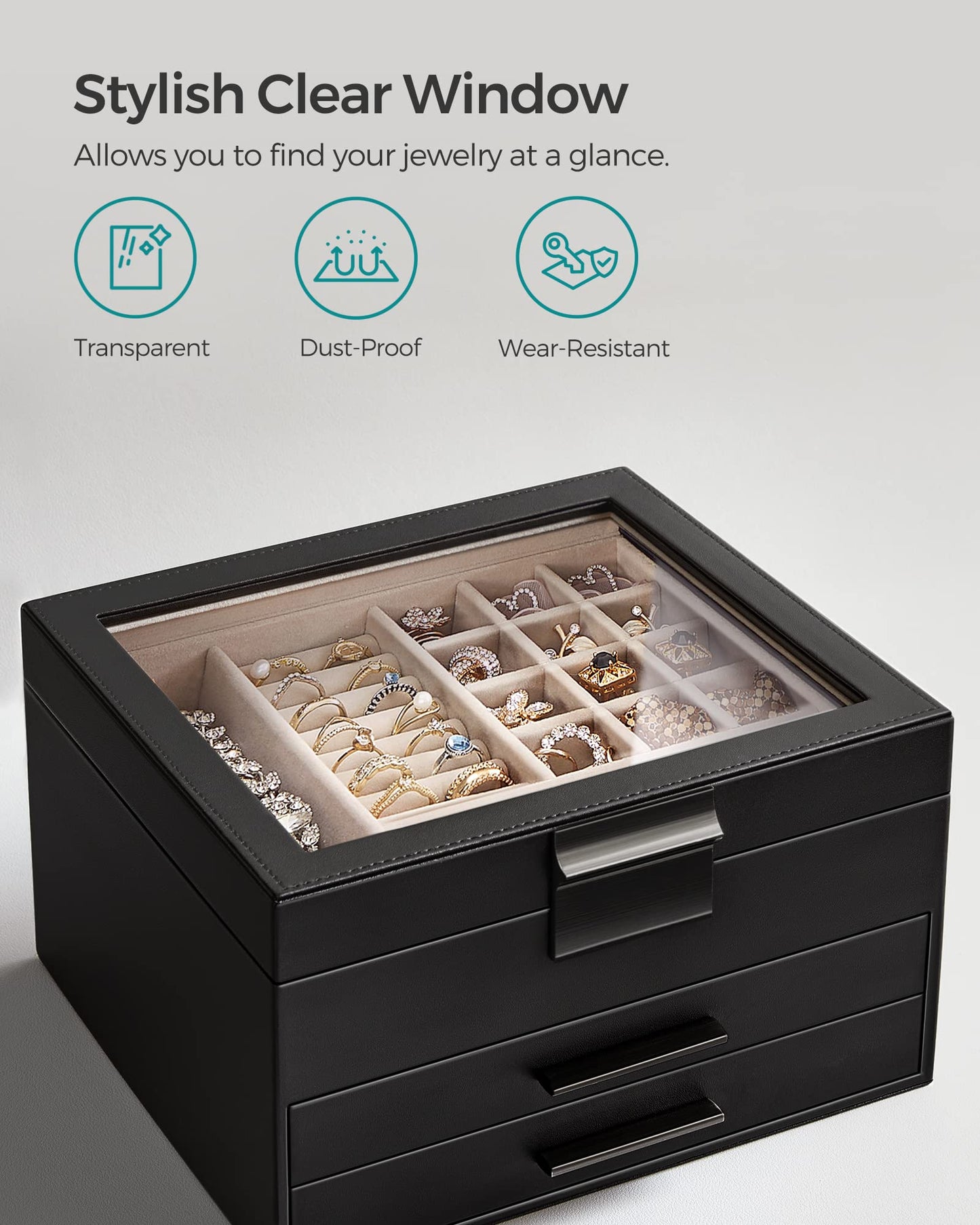 SONGMICS GISELLA Collection - Jewelry Box Organizer, 3-Layer Jewelry Storage with 2 Drawers, Shiny Metal Hardware, Glass Lid, Modern, 8 x 9.1 x 5.3 Inches, Graphite Black and Silver UJBC239BK