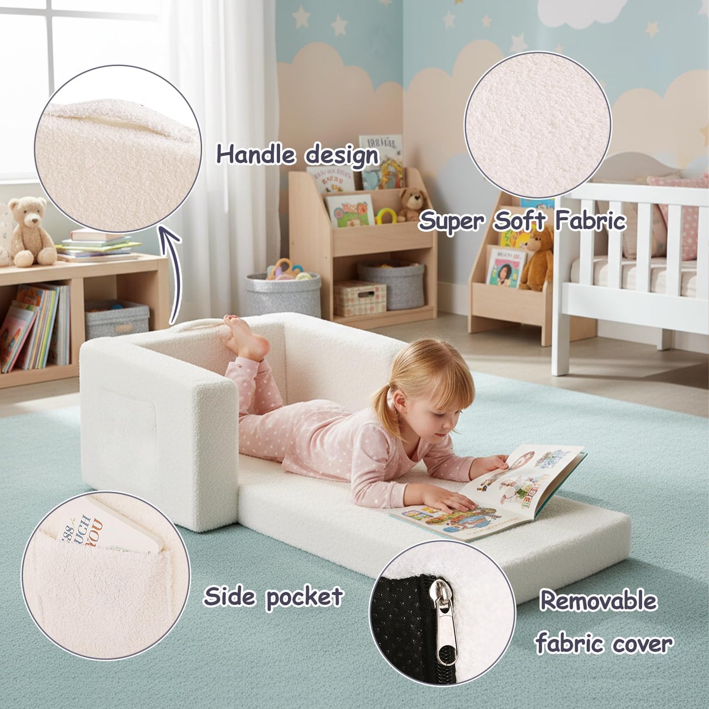 Tiita Kids Sofa, 2-in-1 Toddler Chair, Convertible Children Couch to Lounger, Flip Out Kid Sofas Chair, Toddler Armrest Chairs Bed, Folding Kids Play Sofa for Girl or Boy (Beige)