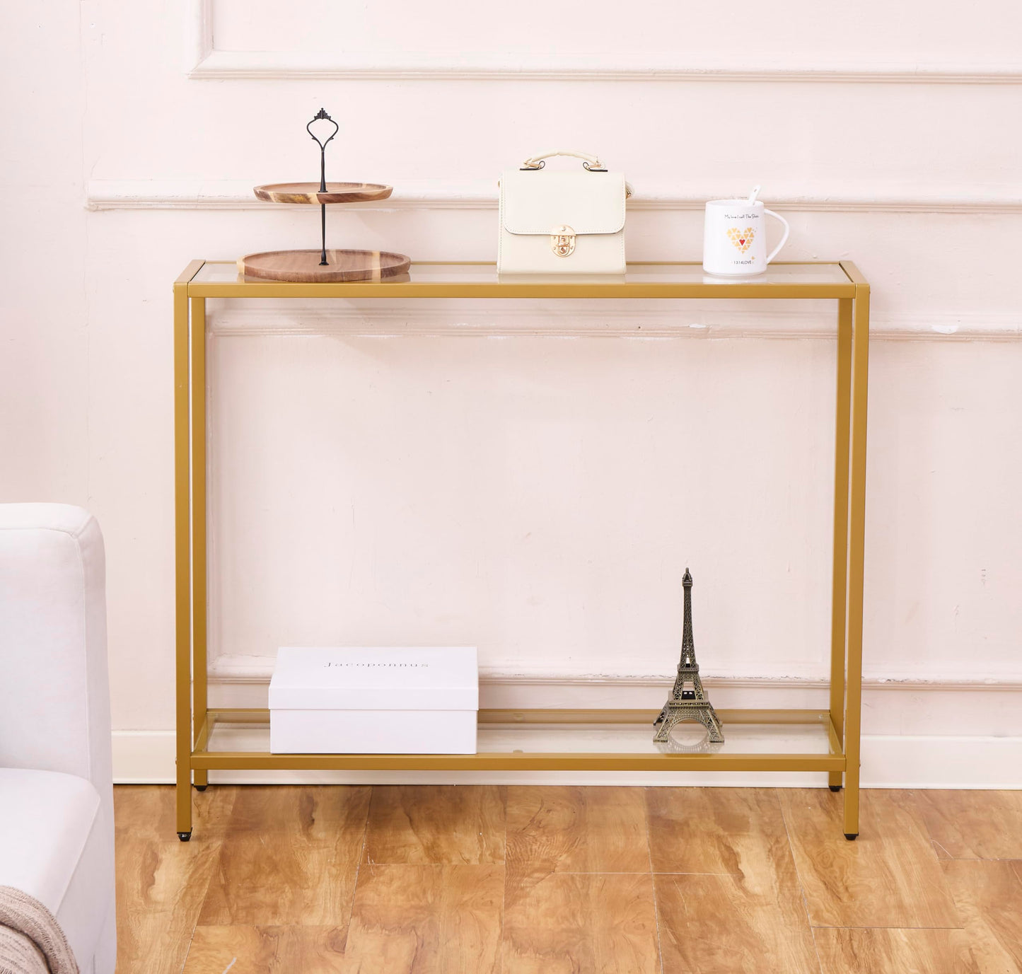 MAJARO Small Modern Console Table for Entryway, Tempered Glass with Metal Frame Sofa Table for Living Room, Hallway, Office (Double-Layer, Gold)