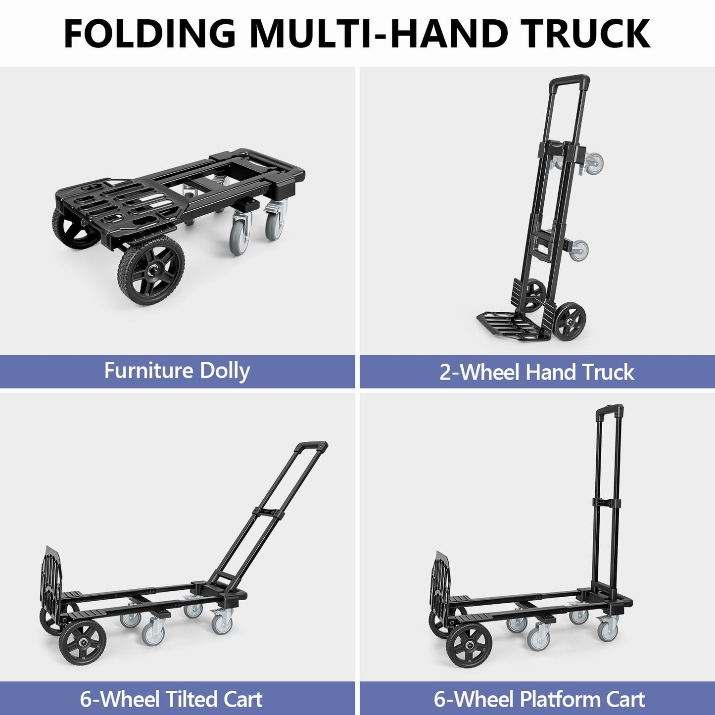KEDSUM 3-in-1 Convertible Dolly Cart with Wheels, 600LBS Heavy Duty Hand Truck Dolly, Hand Truck with Adjustable Handle Angle & Expandable Base for Home,Warehouses,Dorm, 6-Wheel Design with Brakes