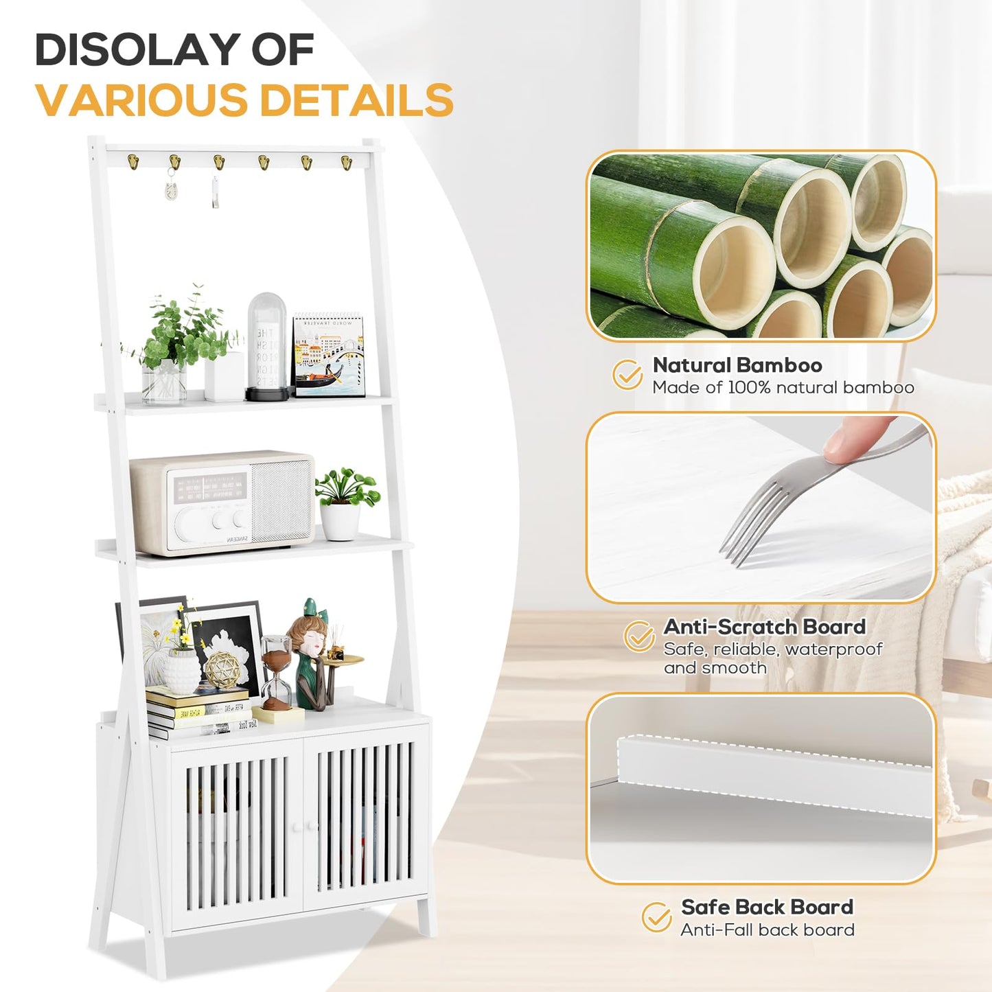 Bookcase with Drawers, 4-Tier Bamboo Bookshelf Ladder Shelf with 6 Hooks, 59.5"H x 24.8"L x 10.6"W, Tall Narrow Freestanding Standing Storage Organizer for Living Room, Office, Bedroom, White