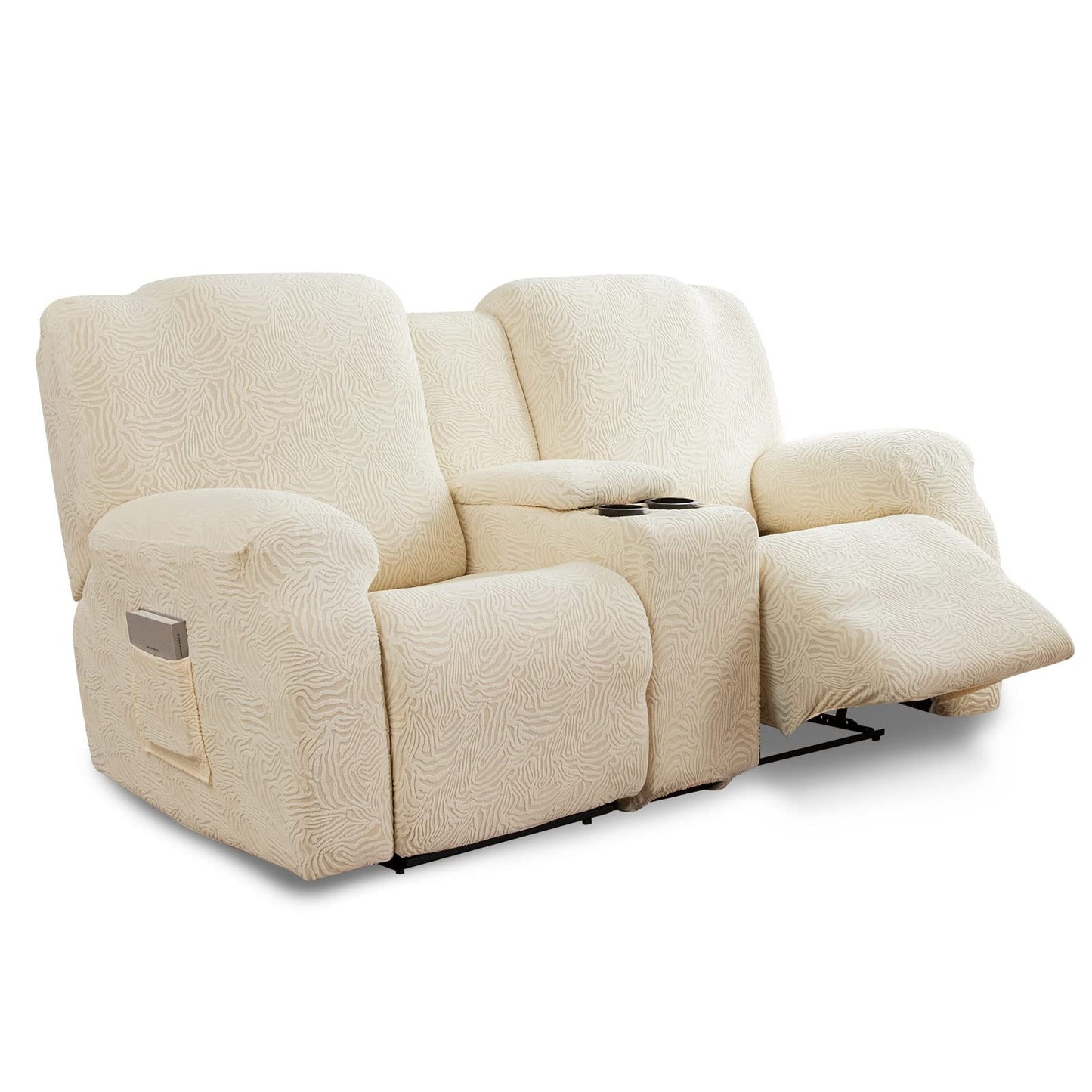 YUEANG Recliner Loveseat Cover with Center Console, 2 Seater Leopard Recliner Sofa Slipcover with Pockets Washable Stretch Reclining Couch Covers Furniture Protector with Elastic Straps (Beige)
