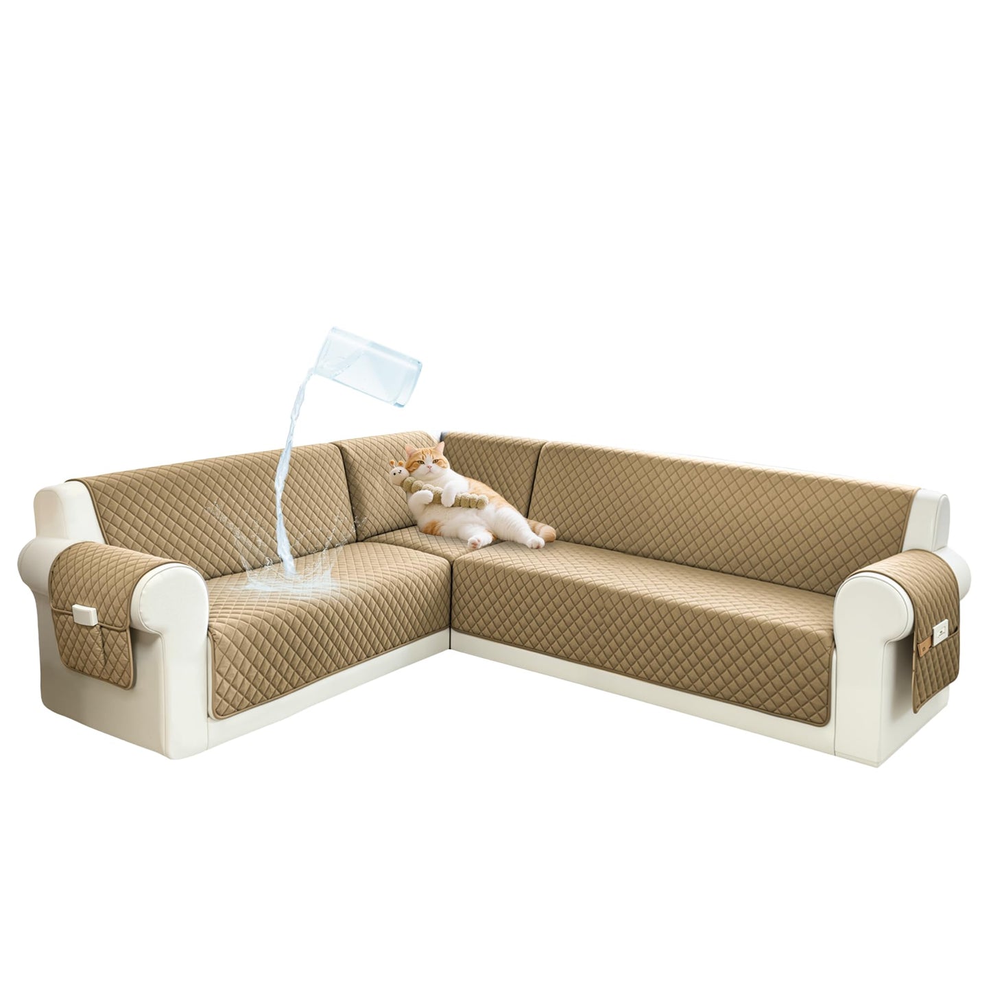 SYJOVIA Sectional Couch Covers for Dogs 100% Waterproof Corner L Shaped Sofa Cover Pet Friendly Velvet Washable Anti Slip L Shape Modular Sofa Slipcover Protector with Pockets (Light Brown, X-Large)
