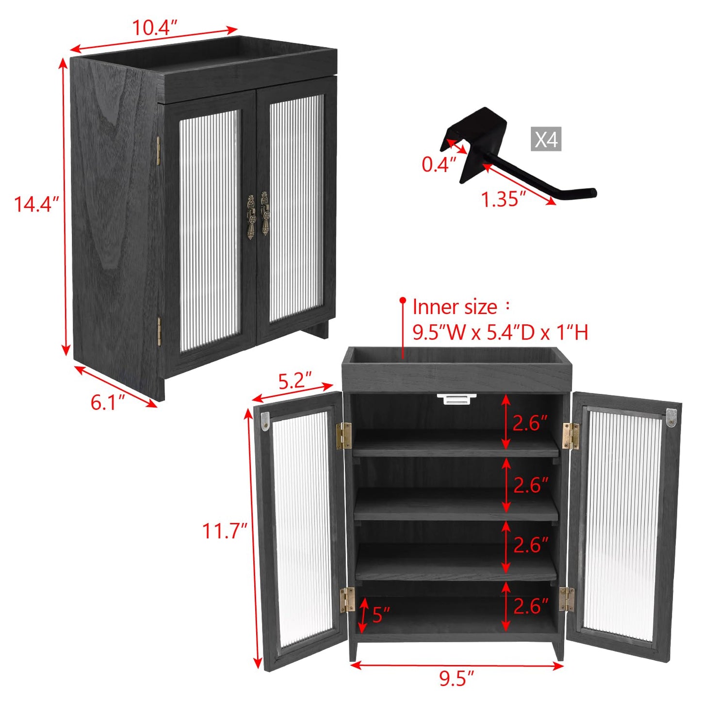 Ikee Design Wooden Countertop Storage Cabinet with Wavy Magnetic Door, Adjustable Shelves, Removable Hooks. Perfect for Perfume, Figurines, and Coffee Cups, Black Color, 10.4 W x 6.1 D x 14.4 H in