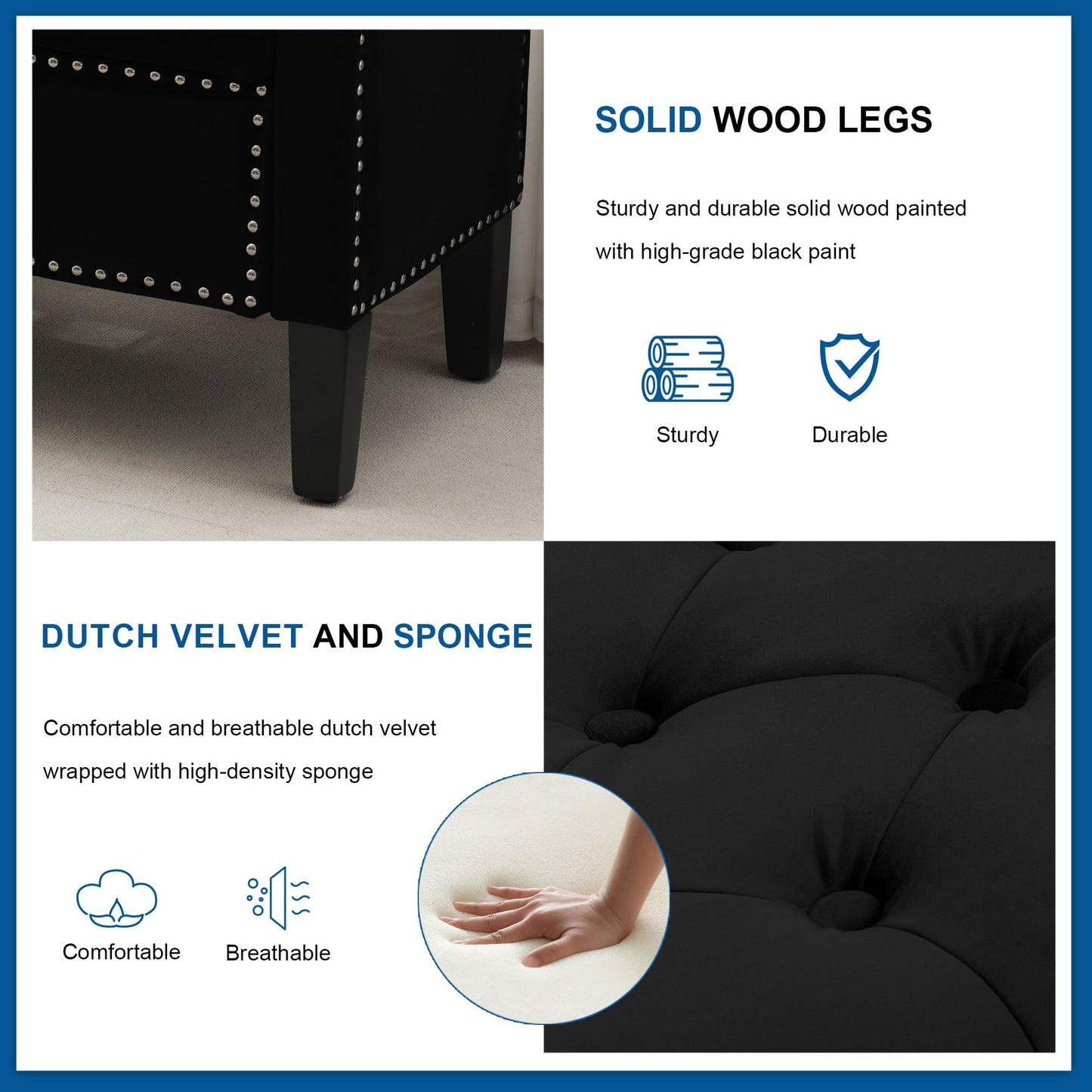 UDAX Storage Ottoman Bench, Velvet Upholstered Footstool for Bedroom and Living Room, Tufted Seat with Storage, Wooden Legs & Metal Rivets, Black