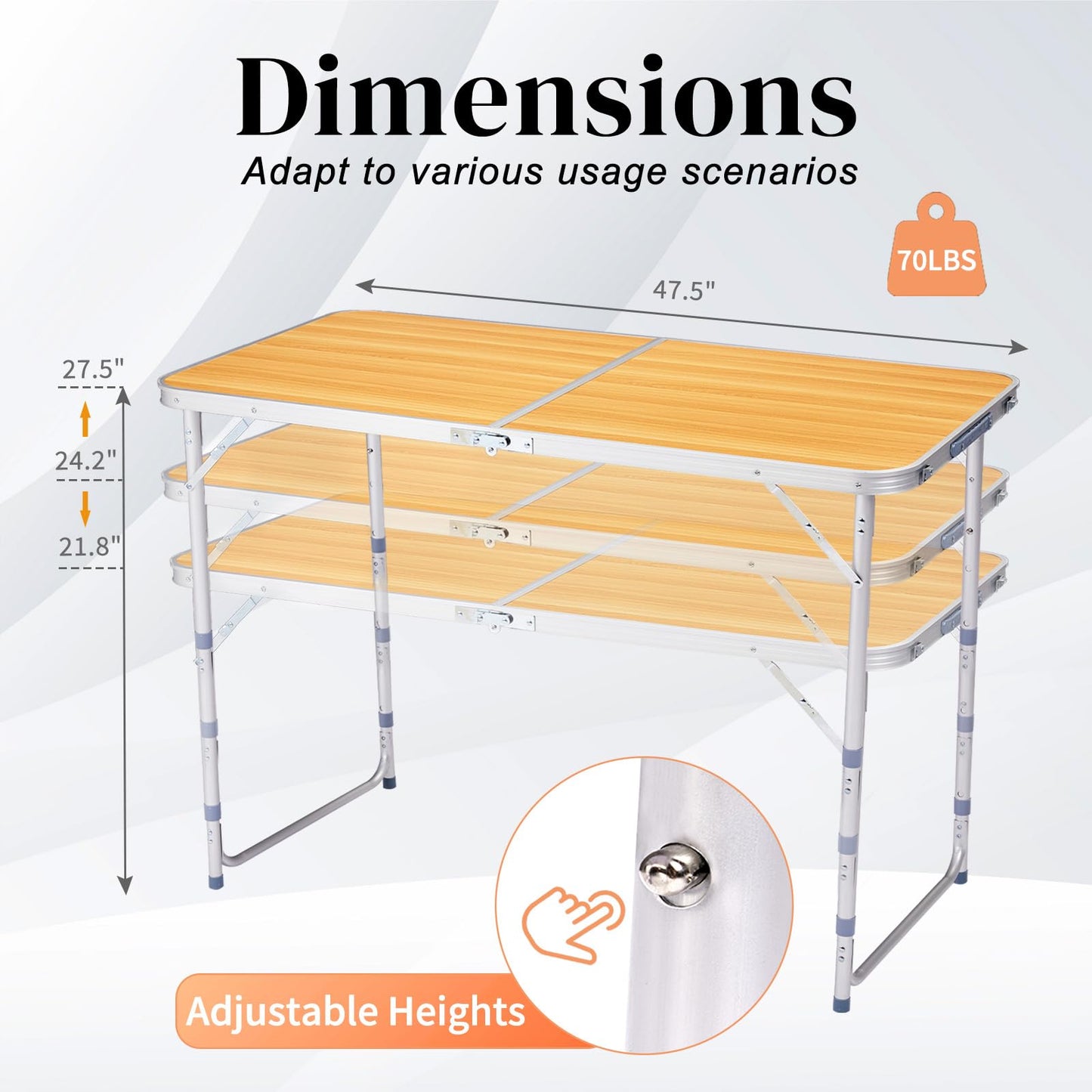 GODECOR 4.0 Ft Folding Portable Camping Table with Three Adjustable Heights, RV Tables for Inside a Camper, Outdoor, BBQ, Dining, Picnic, Beach, Garden, Party, Yellow