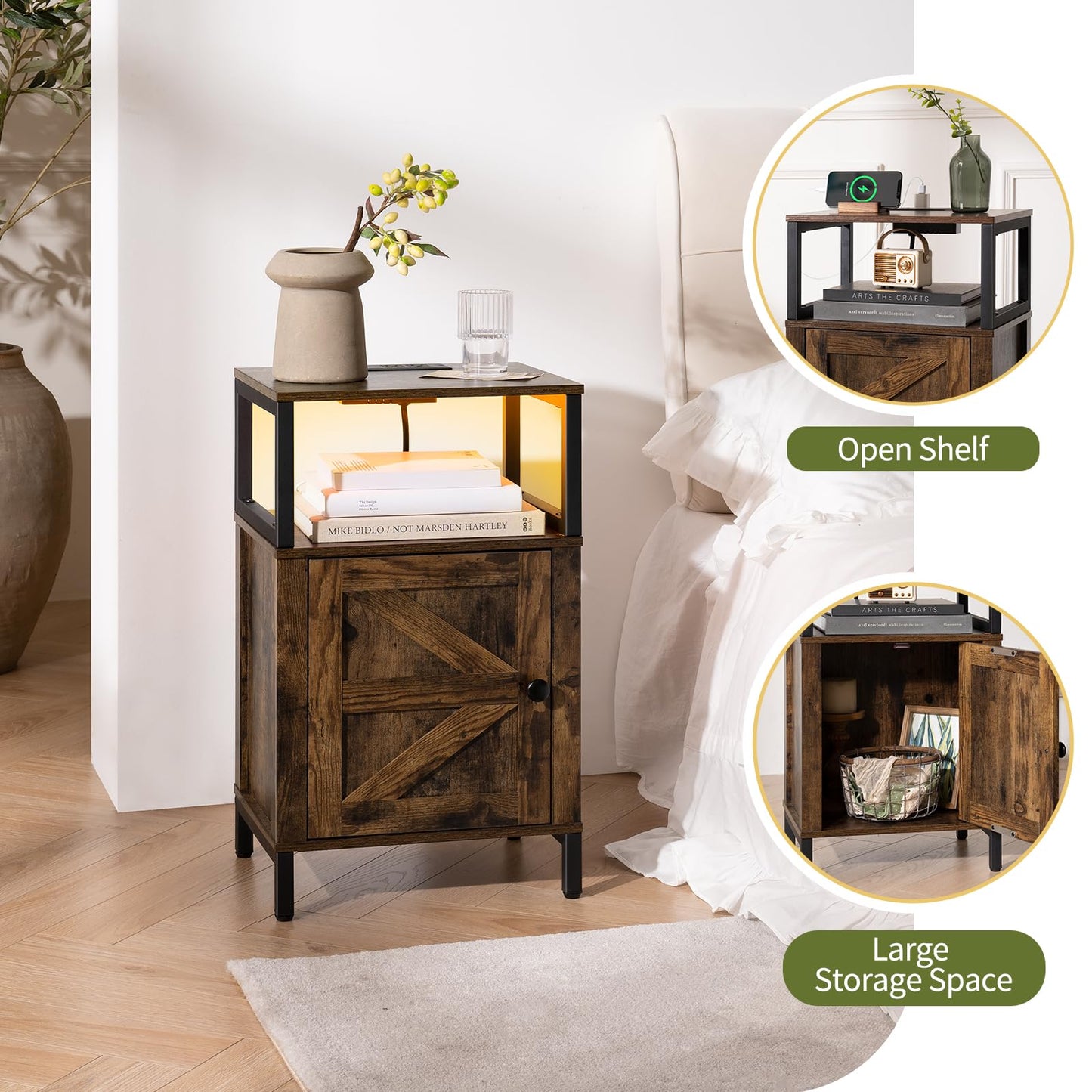 Yoobure Farmhouse NightStand with Charging Station，Wood Night Stand End Table with USB Ports, LED Bed Side Table with Storage Cabinet，Bedside Table for Bedroom, Living Room Rustic Brown