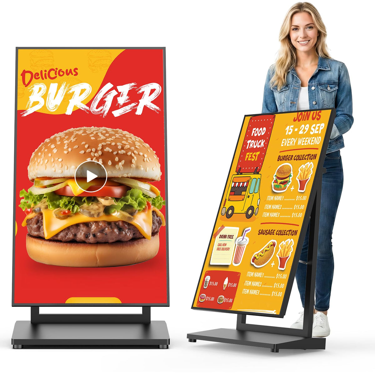 SIOXCFZ 43 Inch Mobile Digital Signage Display, 4+64G Android 14 Indoor Anti-Glare LCD Advertising Kiosk, Aluminum Foldable Digital Display Poster with Free CMS, 2.4G/5G WiFi, Bluetooth 5.3(Black)