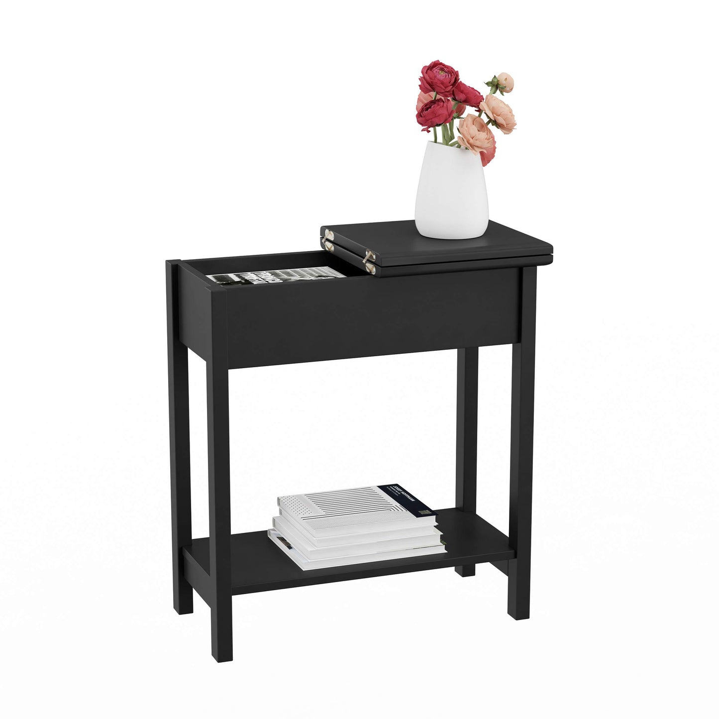 Lavish Home Flip Top End Table - Narrow End Table and Slim Console with Storage Compartment and Lower Shelf for Living Room, Hallway, Entryway and Small Spaces (Black)