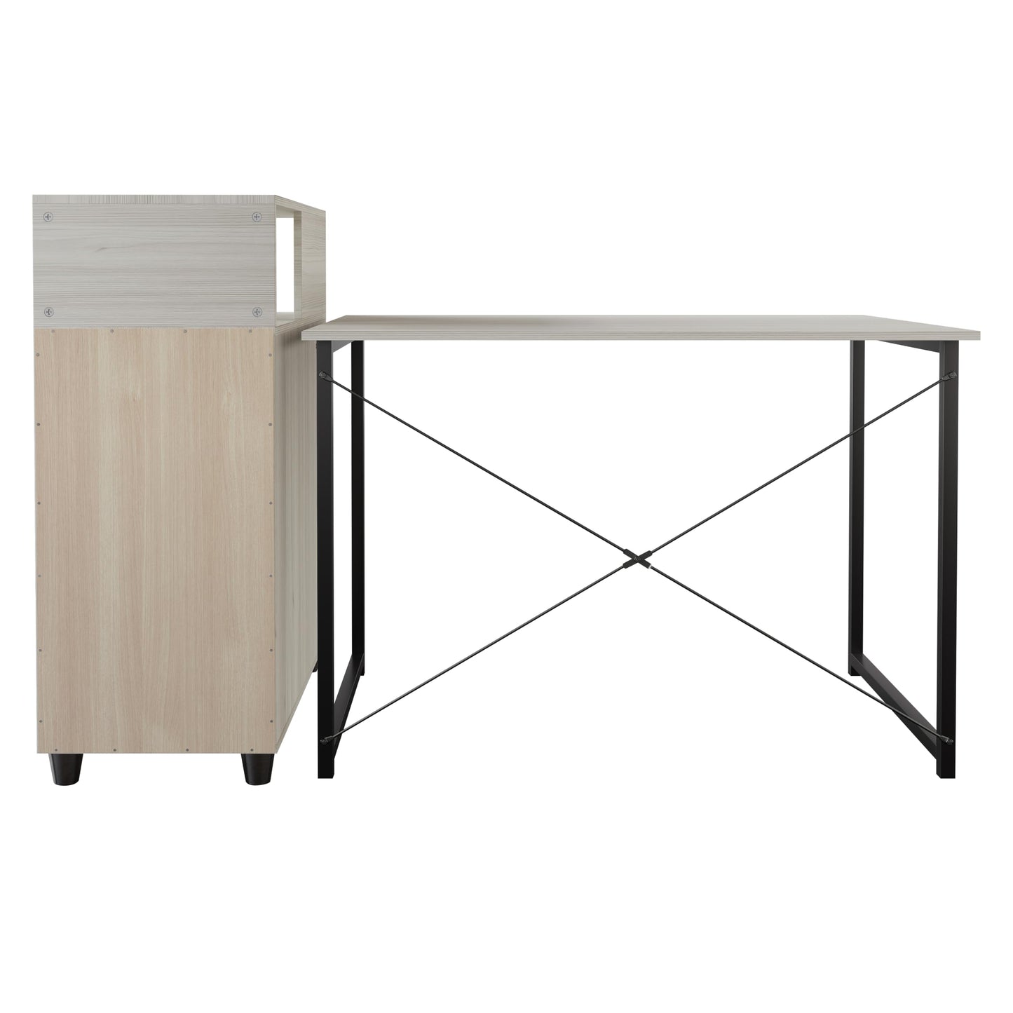 Castle Place Wooden Writing Desk with Sturdy Metal Frame, Movable Side Cabinet and 3 Drawers, Light Grey