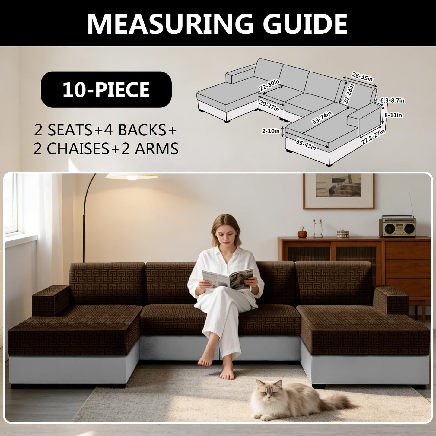 UNBBRRL 10 Pieces Stretch Sofa Cushion Covers for U-Shaped Modular Sectional Couch with 4 Seats+4 Backs+2 Arms, Upholstered Covers for Sofa Bed with Deep Double Chaise (Caramel,10 Pieces Set)