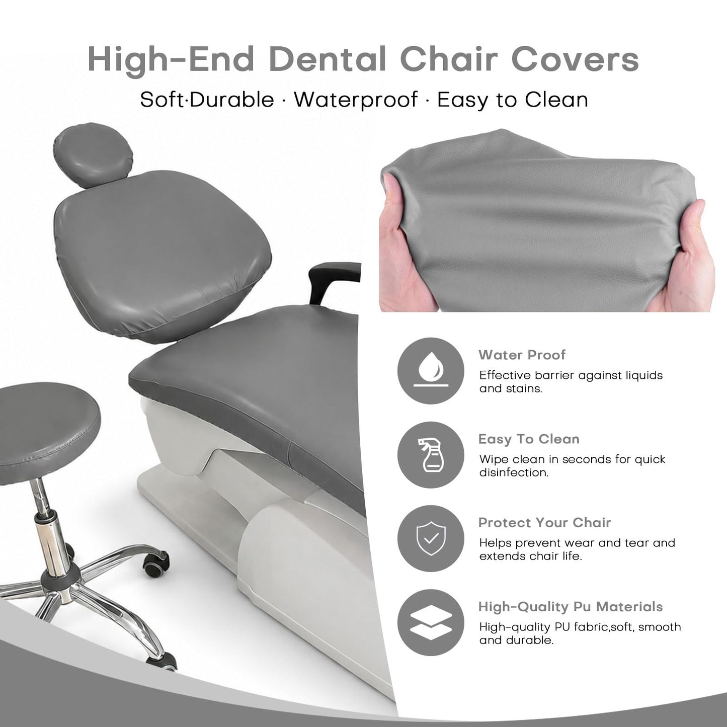 buyzg 5Pcs Dental Chair Covers Set - Waterproof & Non-Slip PU Leather Elastic Full Covers with Foot, Seat, Headrest & Backrest Protectors for Dental Clinic Chairs(Gray)