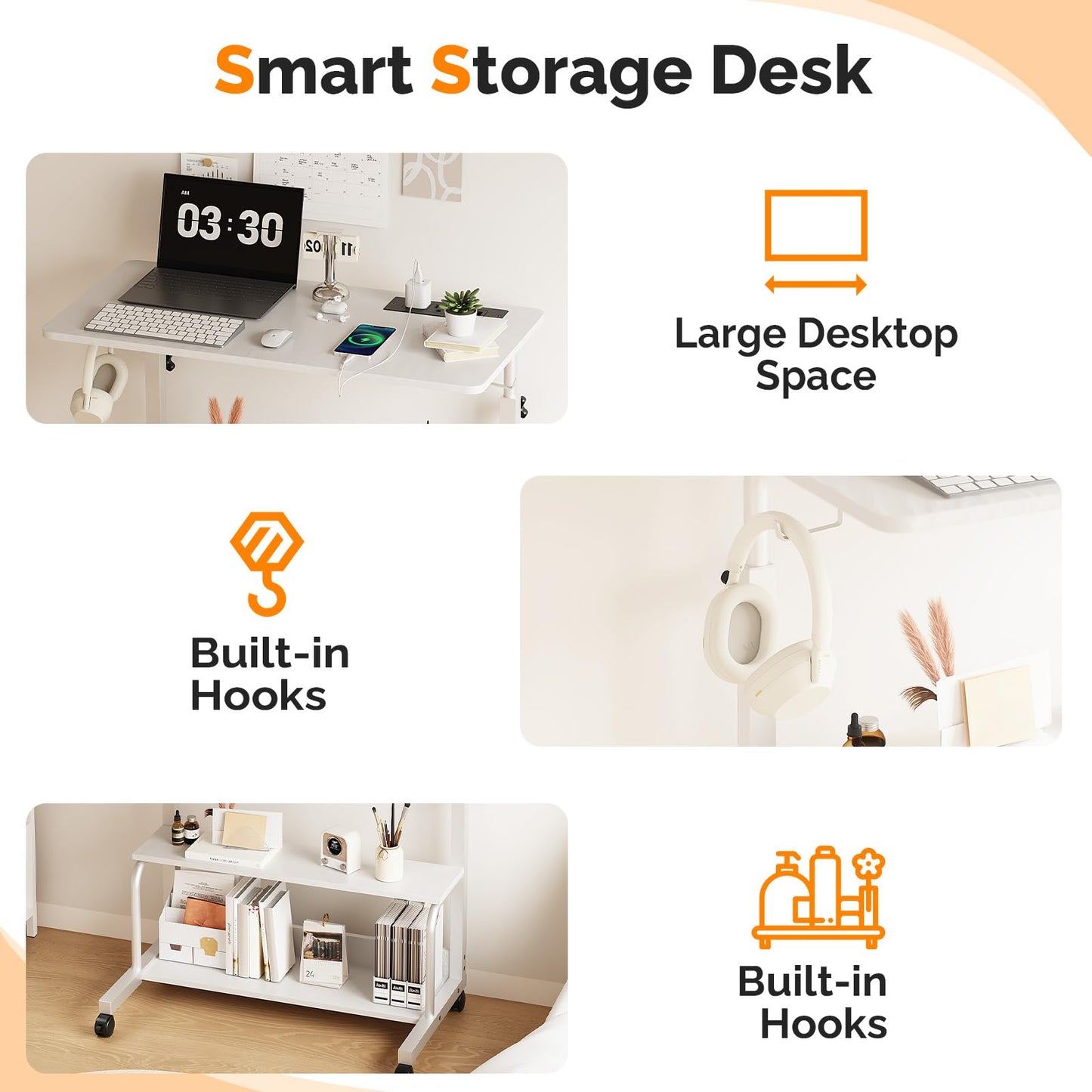 FCH 31.5" Mobile Small Standing Desk, Adjustable Height Mobile Computer Desk, w/2 AC Outlets + 3 USB Ports & Hooks, Storage Shelves, Suitable for Gaming, Studying, Home Office, White