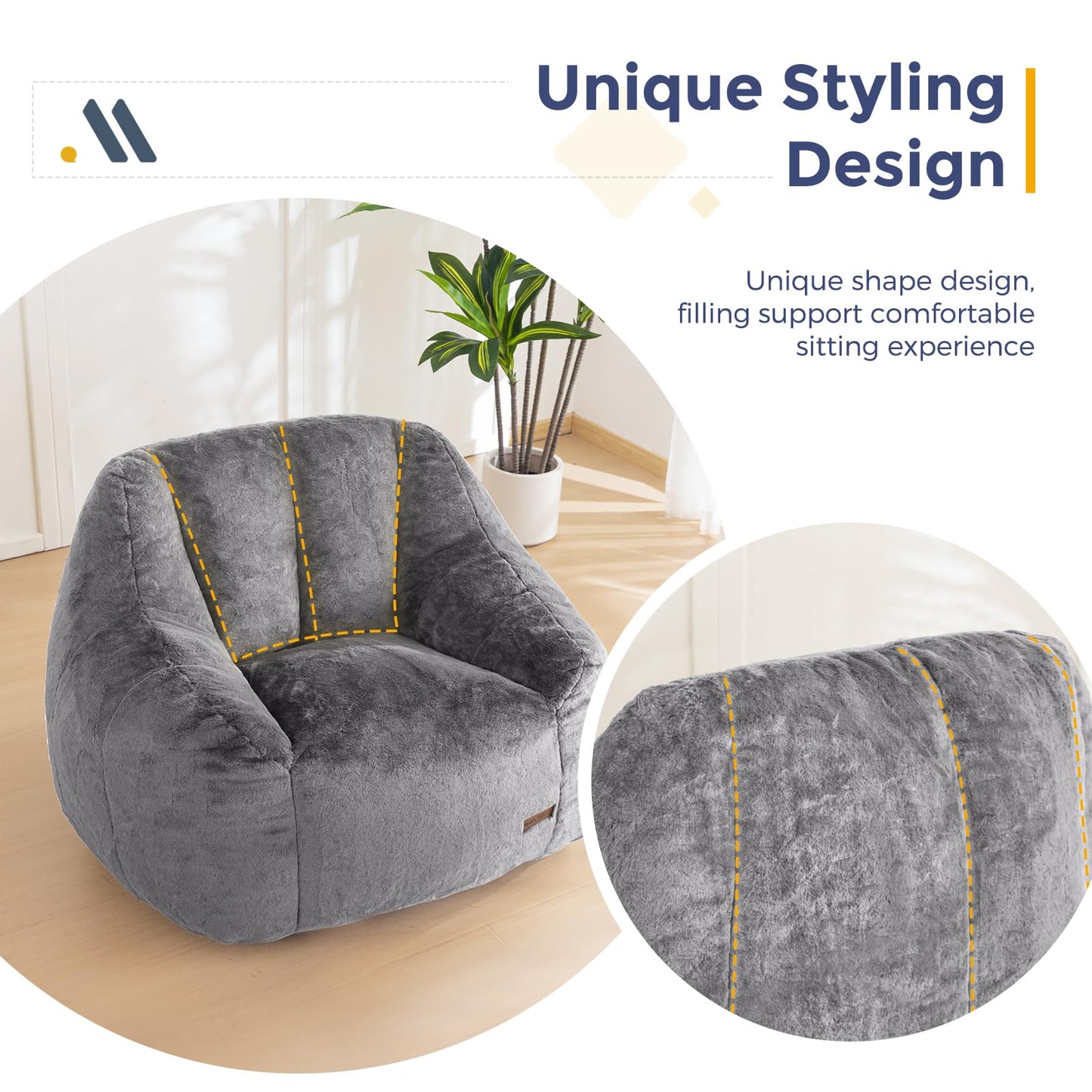 MAXYOYO Bean Bag Chair, Comfy Bean Bag Sofa with Back Support, Faux Fur Bean Bag Chair for Adults and Kids, Stuffed Floor Sofa for Living Room, Bedroom, Apartment, Grey