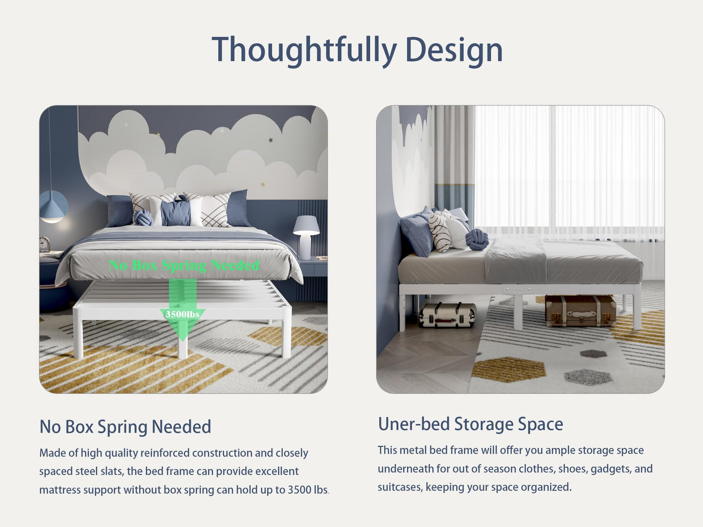 KZZLOL White Full Size Bed Frame 16 Inch, Metal Full Bed Frame No Box Spring Needed, Heavy Duty Steel Support 3500 LBS, DIY Headboard, Noiseless, Round Corner Legs, Storage Space, Easy Assembly