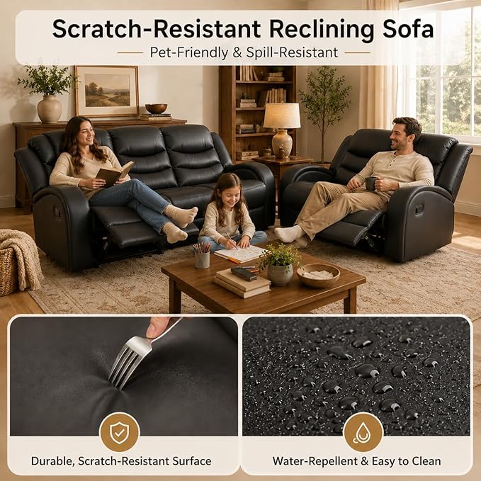 Recliner Sofa Set, 2 Piece Living Room Furniture Set, Leather Recliner Sofa