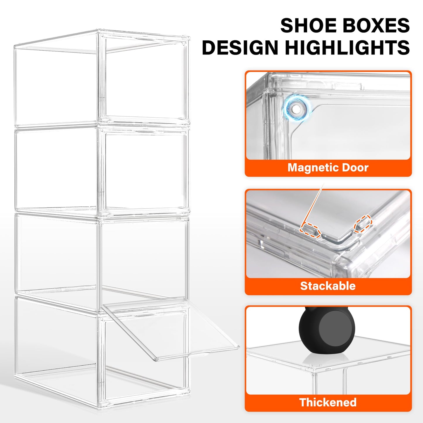 12 Pack Drop Front Shoe Boxes Acrylic Shoe Display Case Fit US Size 13, Clear Stackable Hat Sneaker Shoe Organizer for Closet, Entryway, Underbed, Multiple Display Cases for Hats, Figures, Sneakers