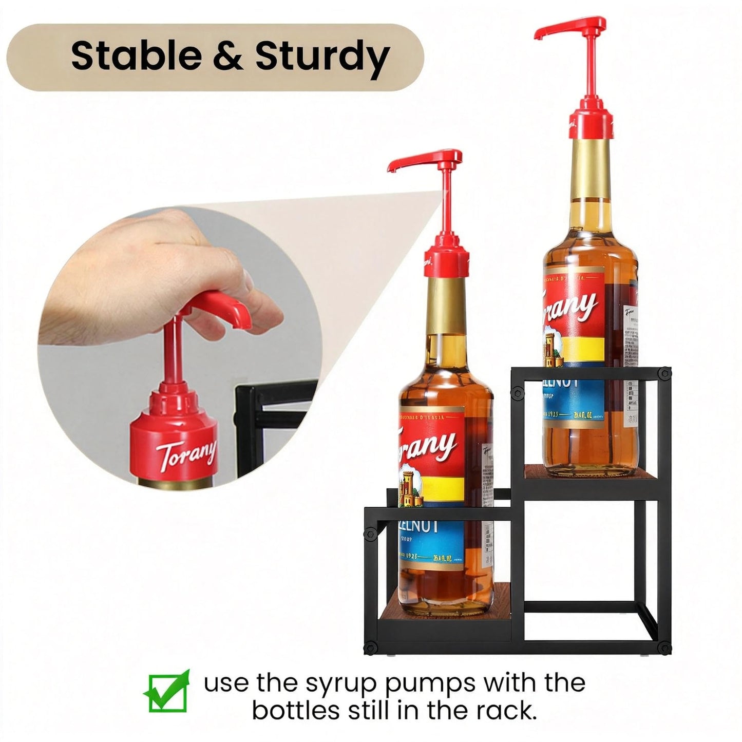THYGIFTREE Coffee Syrup Rack Organizer 2-Tier 10 Syrup Bottles Holder Stand Metal with Wood Base for Coffee Bar Storage Shelves for Kitchen Countertop Matte Black