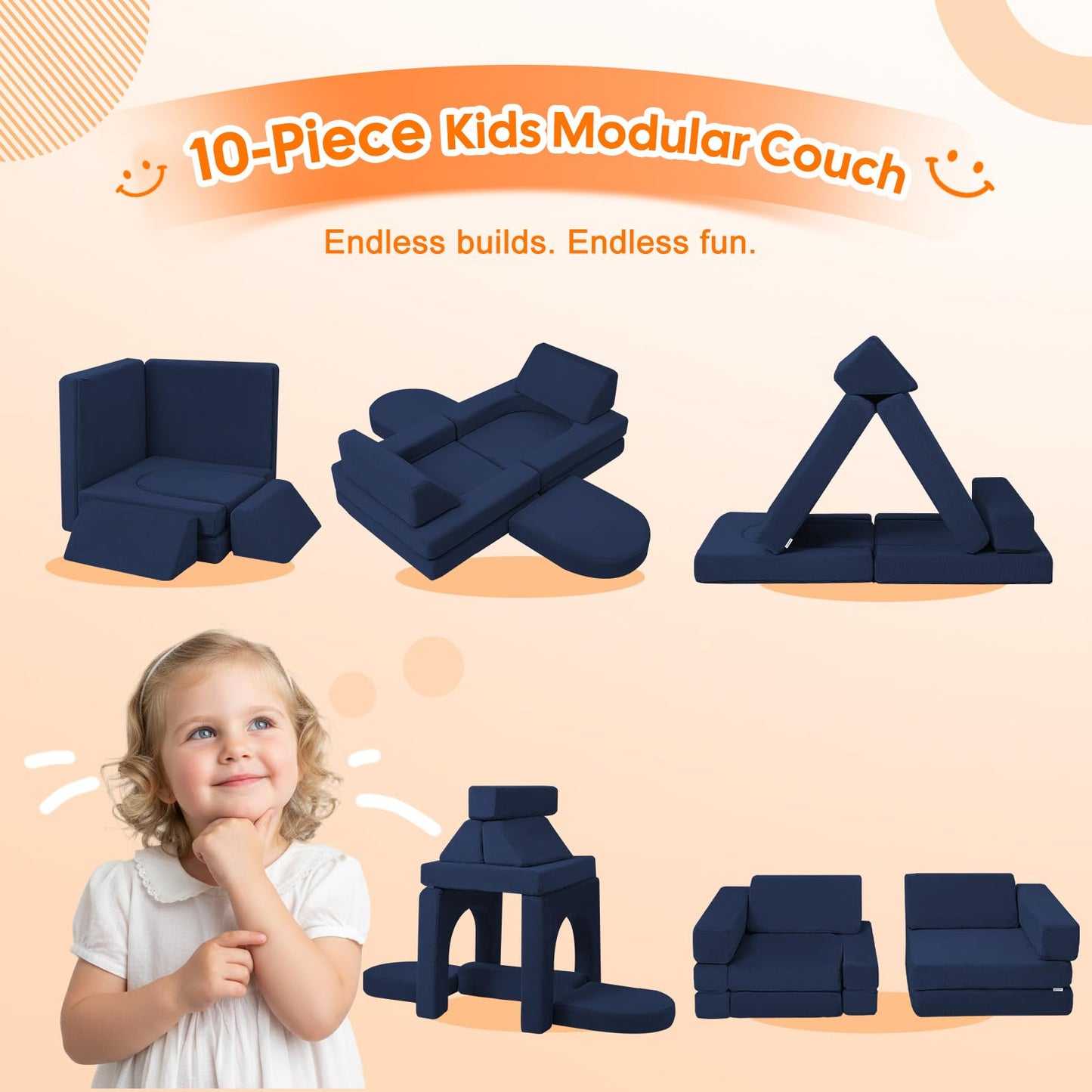 MeMoreCool Navy Blue Kids Couch 10-Piece Modular Play Couch Ages 3+