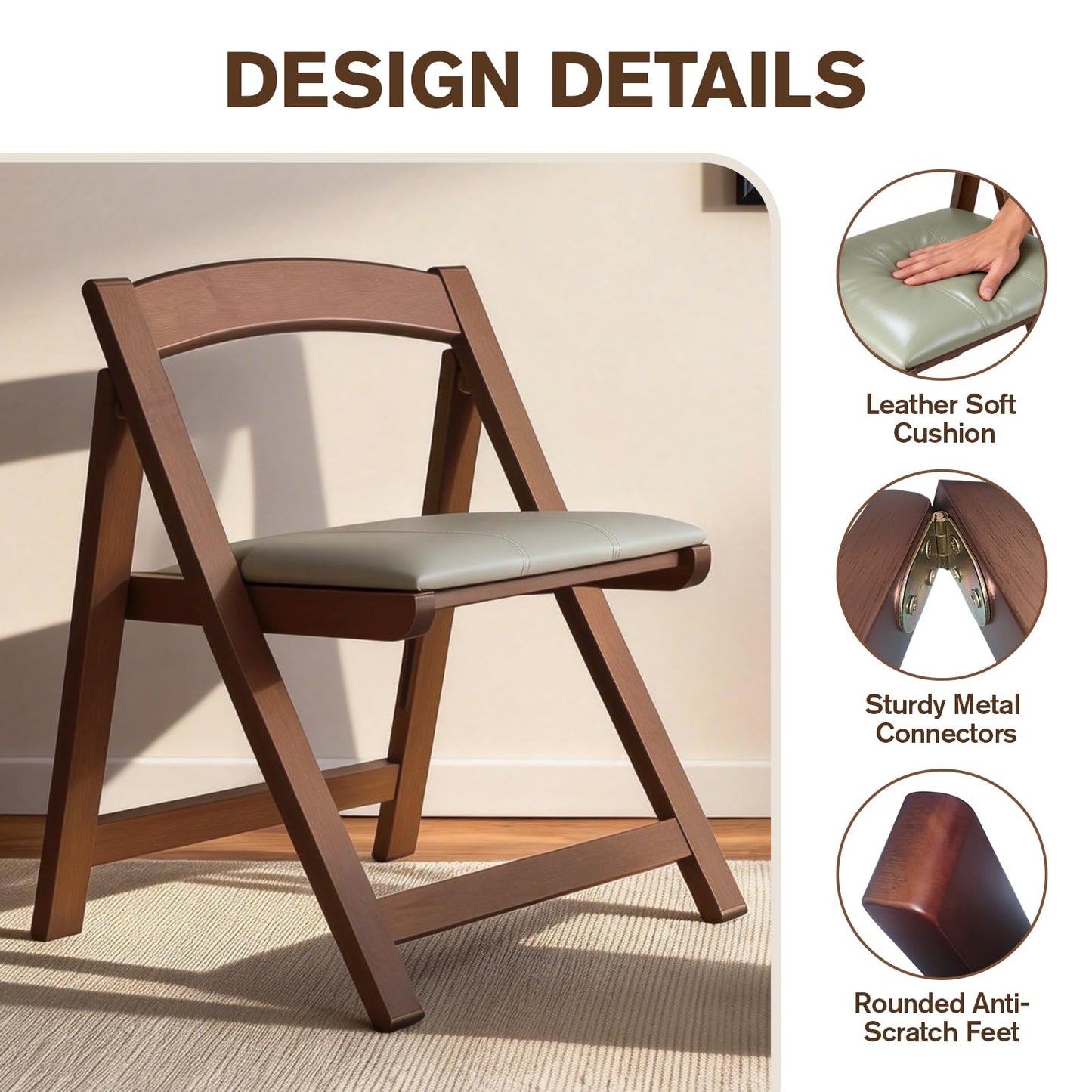 Wooden Folding Chairs Set of 2, Padded Folding Dining Chairs with Leather Soft Cushion, No Assembly Required Foldable Chair for Home Kitchen Office Party Picnic Wedding, 290 LB Max Weight Capacity