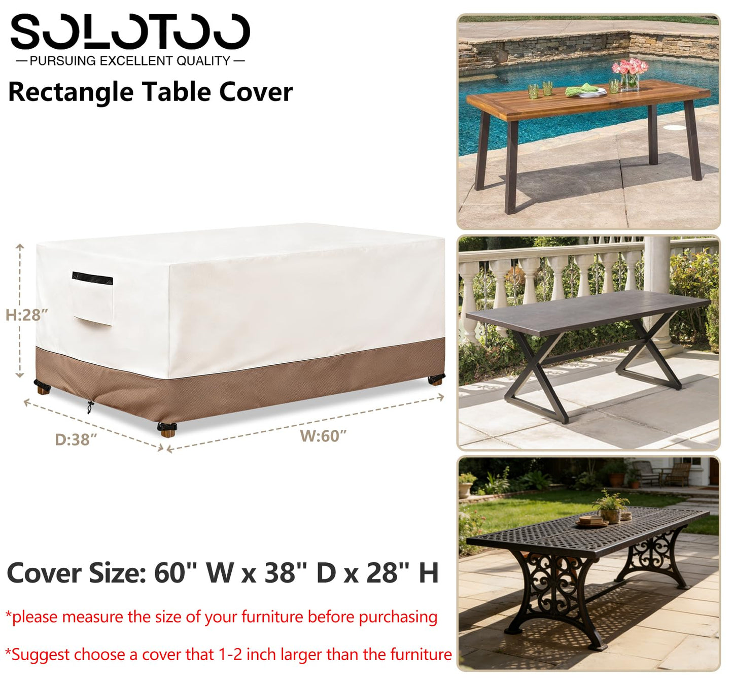 SoloToo Rectangle Outdoor Table Cover Waterproof Heavy Duty Patio Furniture Covers, Rectangle Outdoor Dining Table Cover - 60" W x 38" D x 28" H (Beige & Brown)
