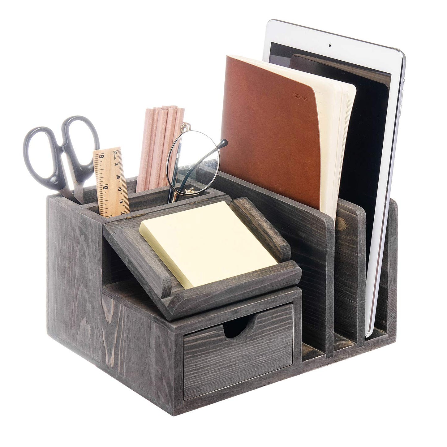 Liry Products Gray Rustic Wood Desk Organizer Storage Cabinet Mail File Paper Sticky Note Memo Pad Folder Office Supplies Caddy Tabletop Holder Accessory Sorter Multiple Compartments with Drawer Home
