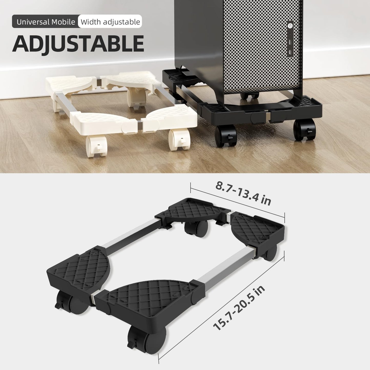 Hovadova Computer Tower Stand, Adjustable Mobile CPU Stand Fits Most PC Tower, Desktop CPU Holder with 4 Rolling Caster Wheels, PC Floor Cart Riser Gaming Desk Accessories