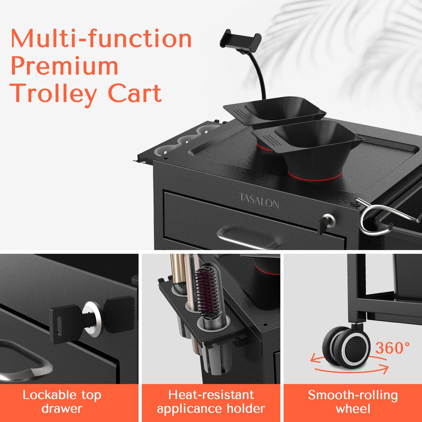 TASALON Metal Lockable Salon Cart with Wheels, 2 Magnetic Bowls & Drawers, Rolling Barber Trolley, Mobile Storage Cart with Drawers for Hair Stylist, Beauty Salon & Barber Shop