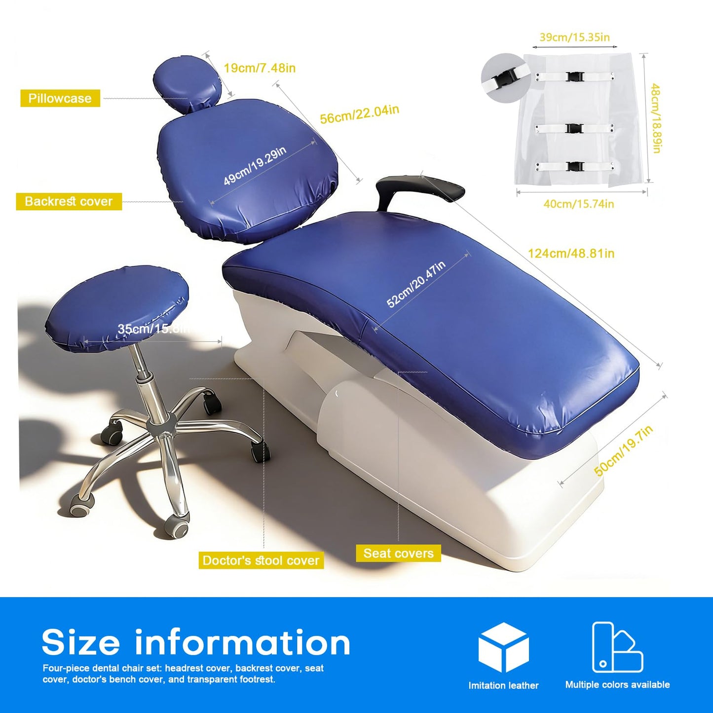 buyzg 5Pcs Dental Chair Covers Set - Waterproof & Non-Slip PU Leather Elastic Full Covers with Foot, Seat, Headrest & Backrest Protectors for Dental Clinic Chairs(Deep Blue)