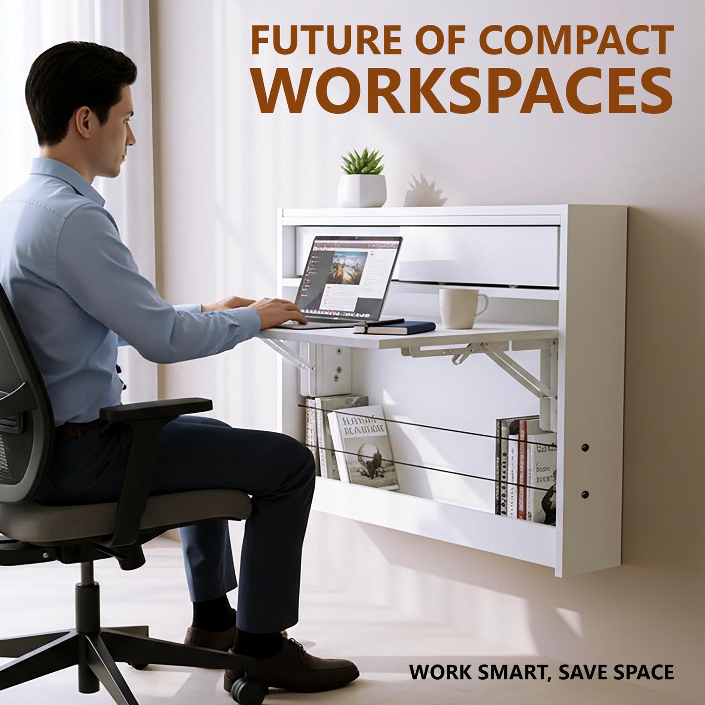 GOOTRY Wall Mounted Desk 31 inches, Folding Table with Shelves, Space Saving Computer Table, Floating Table for Wall, Multi-Purpose Folding Desk Perfect for Workstations, Dining, or Laundry Area.