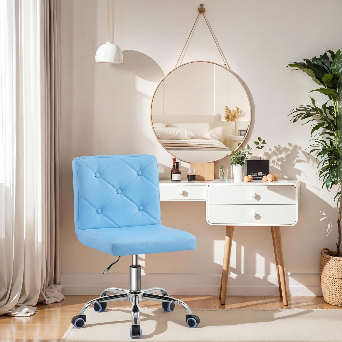 VECELO PU Leather Mid-Back Armless Vanity Chair Adjustable Height 360° Rolling Swivel for Home Office Work
