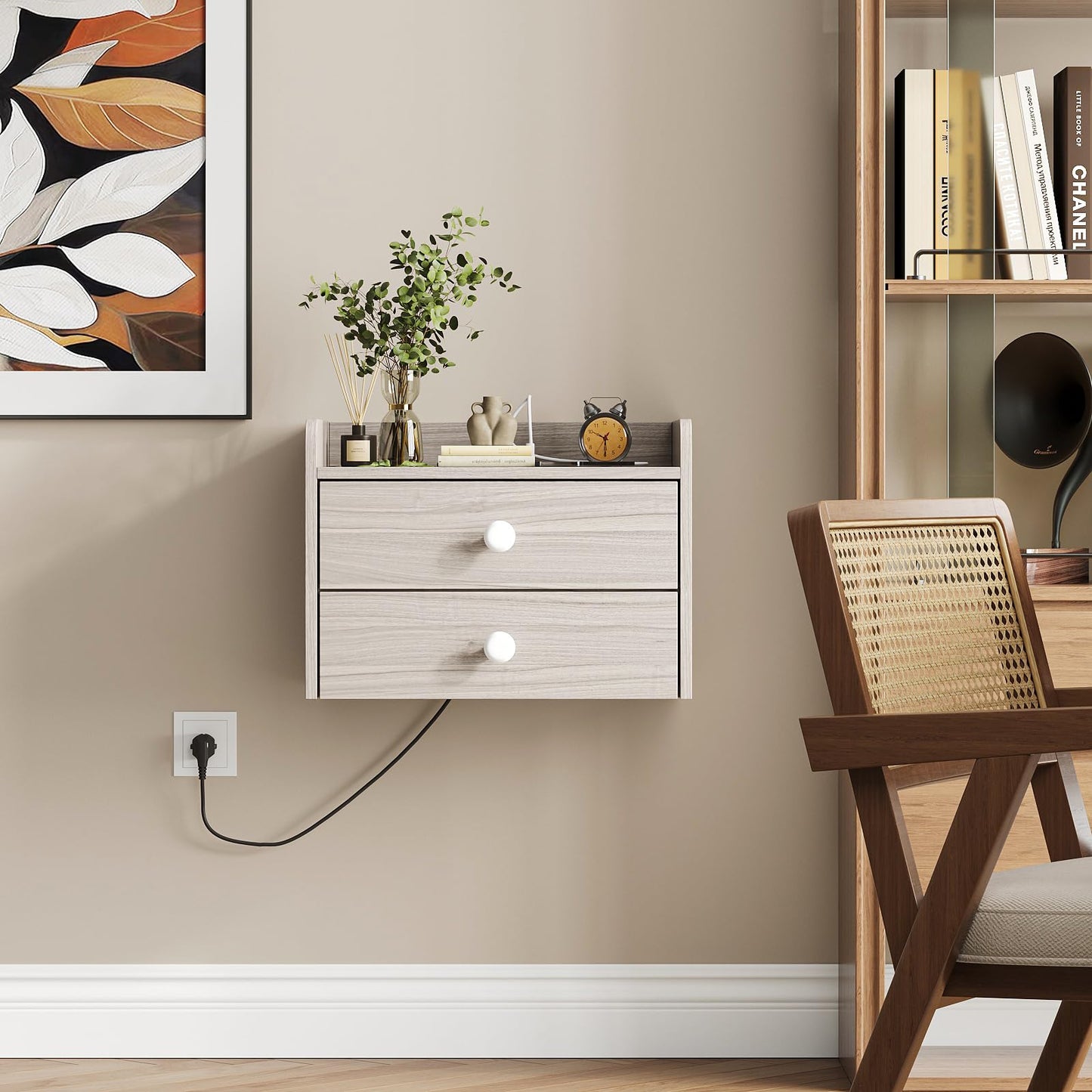 Vabches Floating Nightstand Set of 2 with 2 Storage Drawers and Charging Station Wood Wall Mounted Bedside End Table Modern Night Stands Set 2 for Bedroom,Small Space,Grey