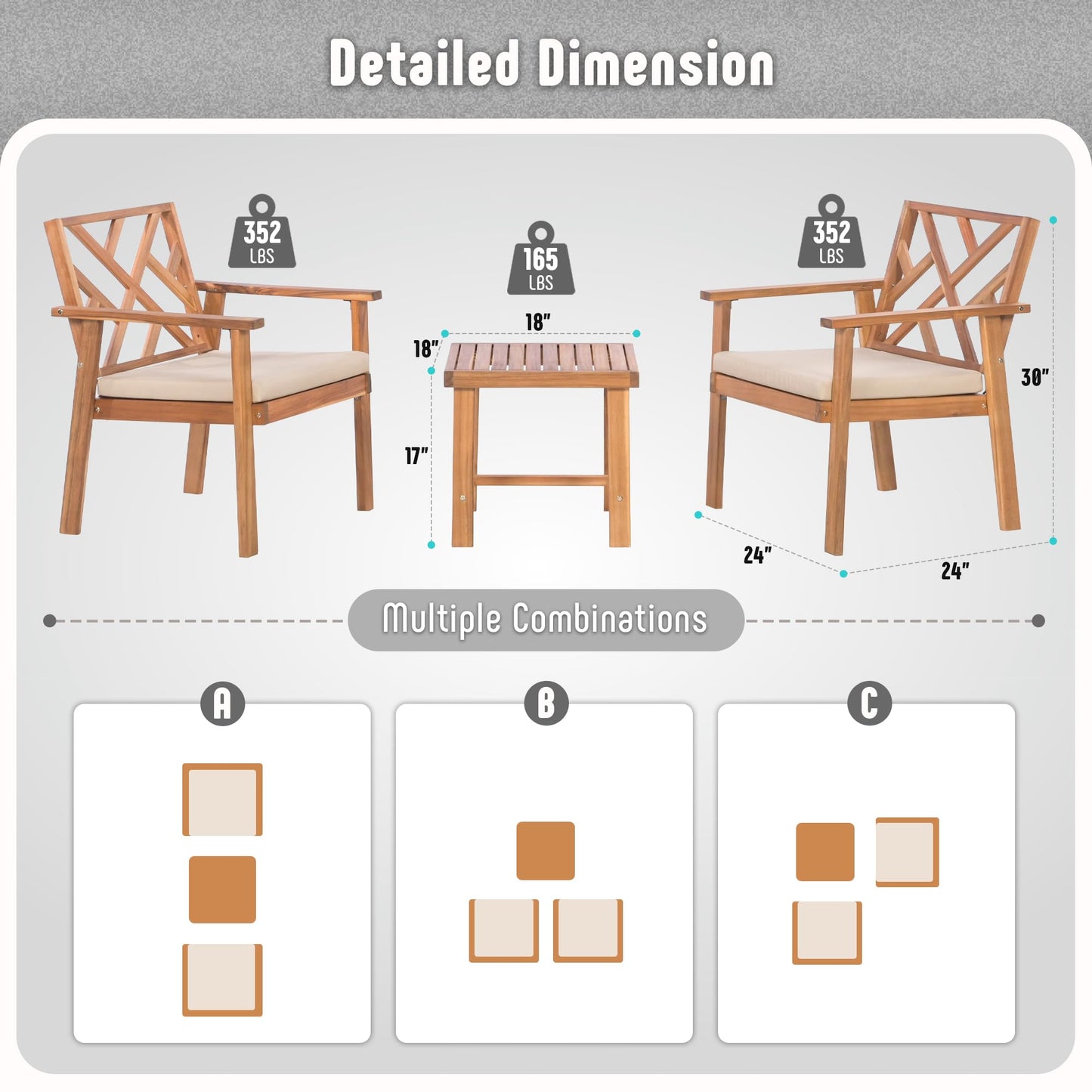 Werph 3-Piece Acacia Wood Outdoor Patio Furniture Set