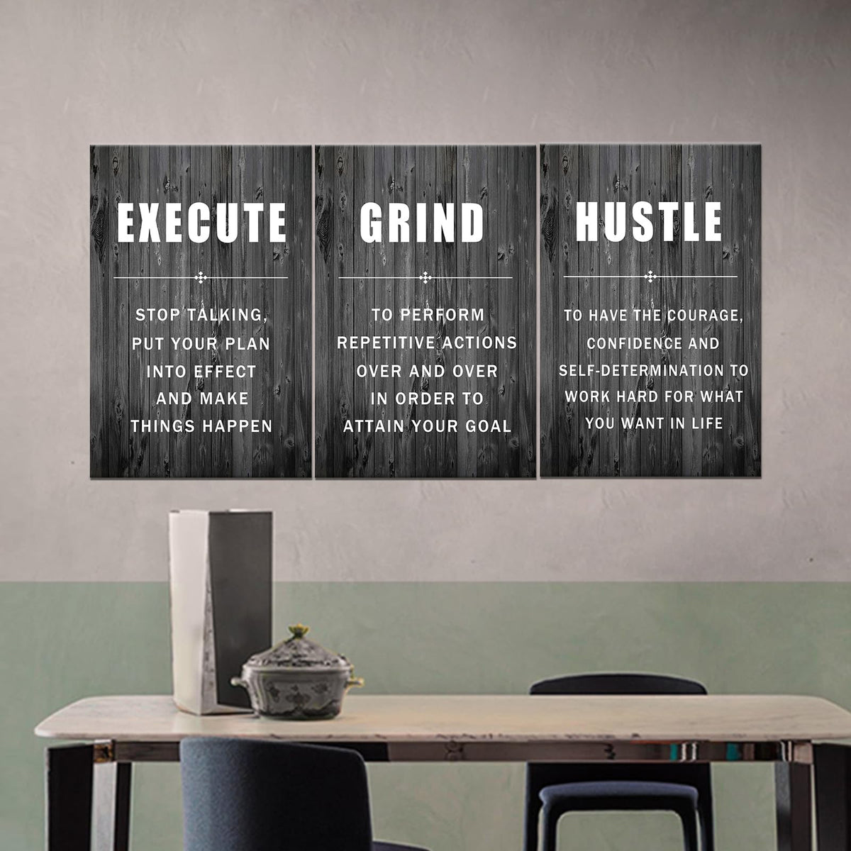 Motivational Wall Art Execute Grind Hustle Inspirational Poster 3 Pieces Canvas Prints Artwork for Living Room Modern Home Decor Painting Pictures Stretched and Framed Ready to Hang [48''Wx 24''H]