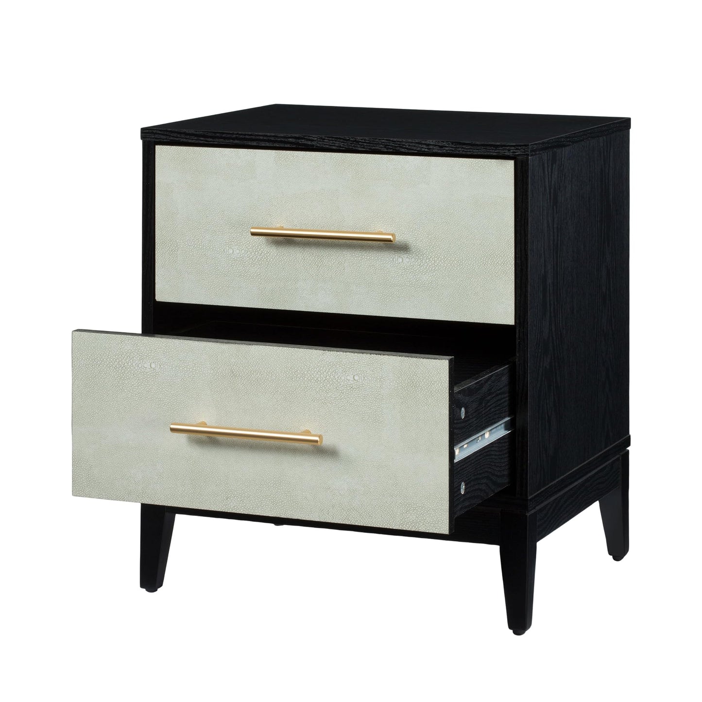 SANGO Shagreen 2-Drawer Nightstand, Modern Black Bedside Table with Gray Faux Shagreen Drawer Fronts, Brass Handles, Sturdy Legs, Elegant Storage for Contemporary & Luxury Homes