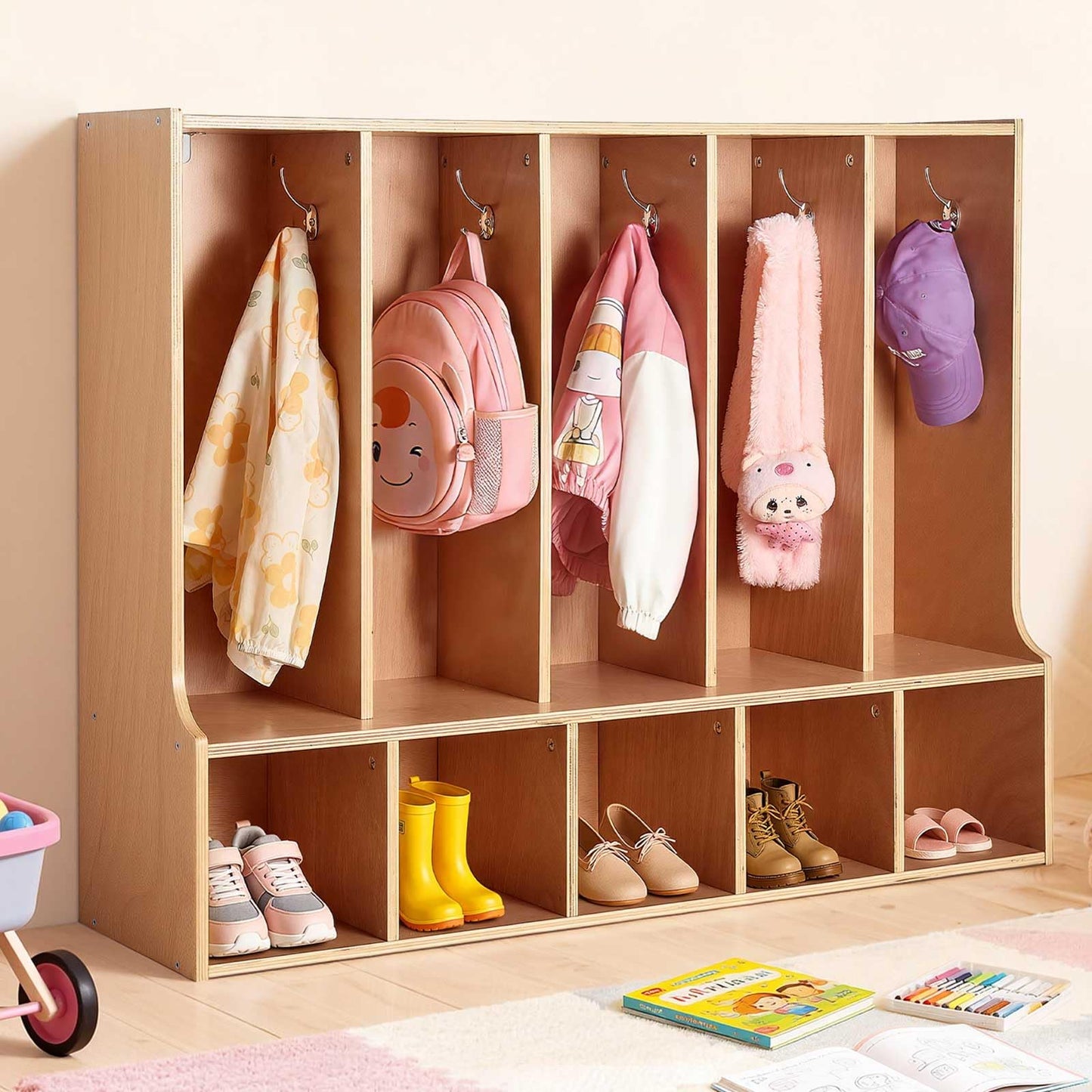 VEVOR 5-Section Coat Locker with Bench, Kids Lockers with 10 Hooks & Non-Slip Mat, Classroom Cubbies for Daycare, Home, Kindergarten- Natural