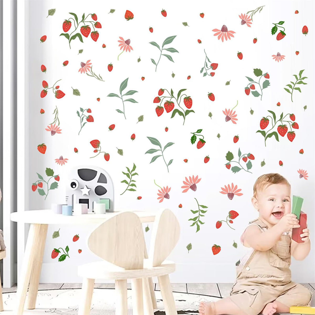 Strawberry Wall Decals Berry Fruit Wall Stickers Floral Leaf Fruits Leaves Stickers Cute Strawberries Wall Sticker Removable Berries Strawberry Decals for Nursery Girls Room Bedroom Decor