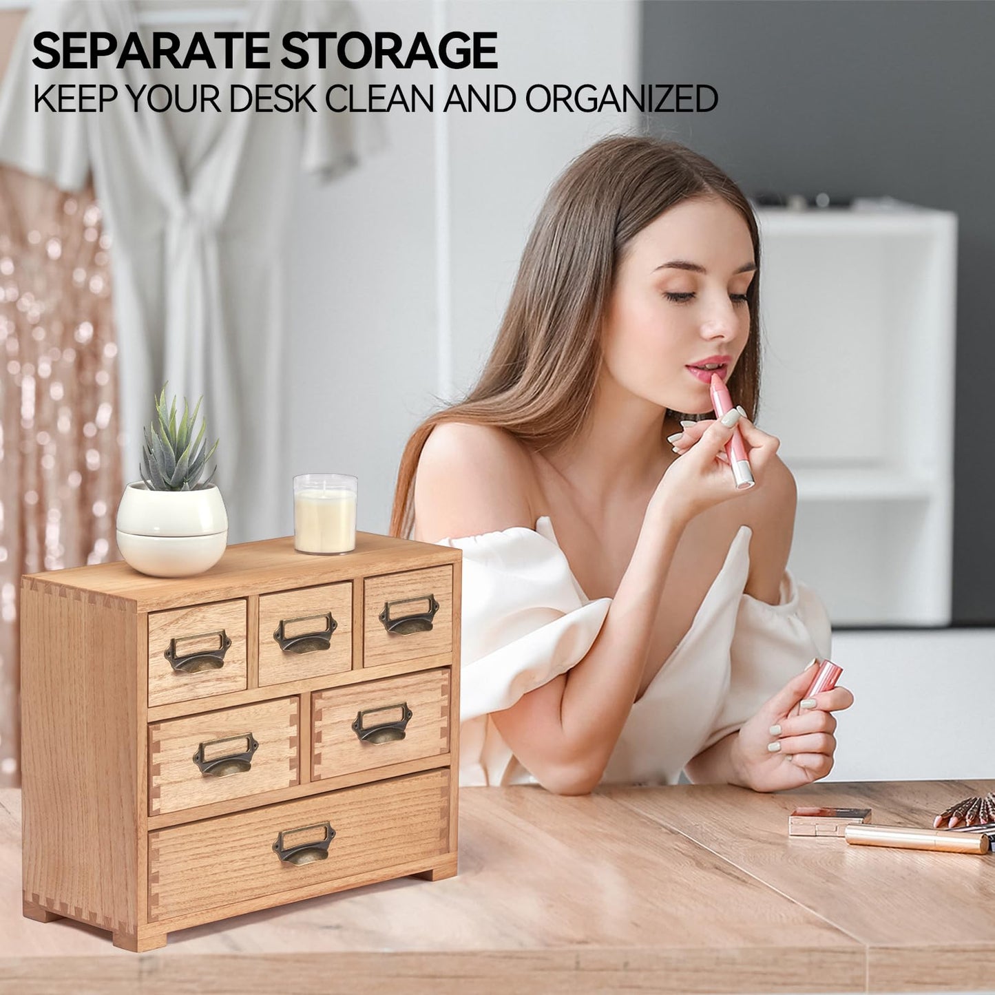 KIRIGEN Wood Desk Drawer Cabinet Organizer, 6-Drawer Mini Storage Chest with Metal Label Holder Handles, Fully Assembled Desktop Organizer for Office Supplies, Crafts, Makeup, Natural 3D6CG-NA