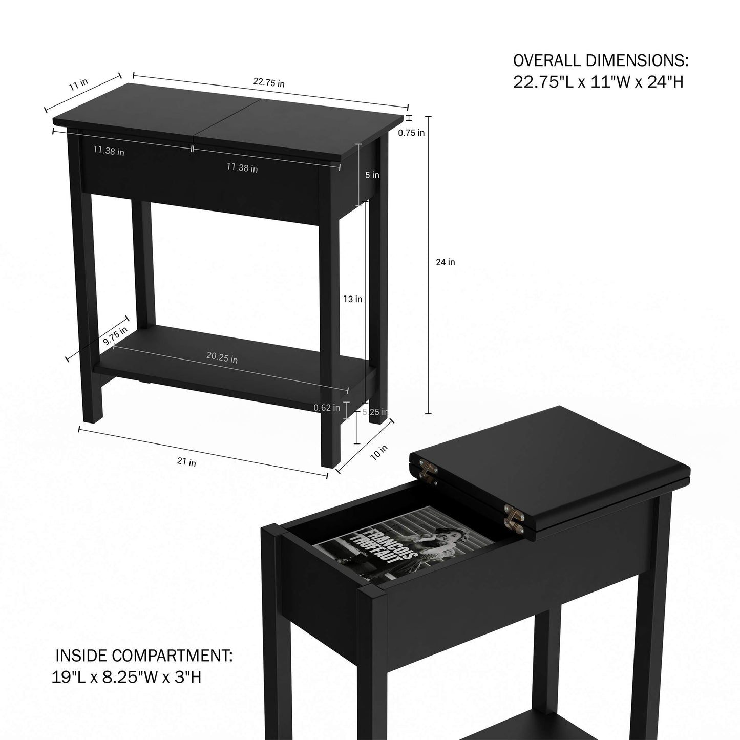 Lavish Home Flip Top End Table - Narrow End Table and Slim Console with Storage Compartment and Lower Shelf for Living Room, Hallway, Entryway and Small Spaces (Black)